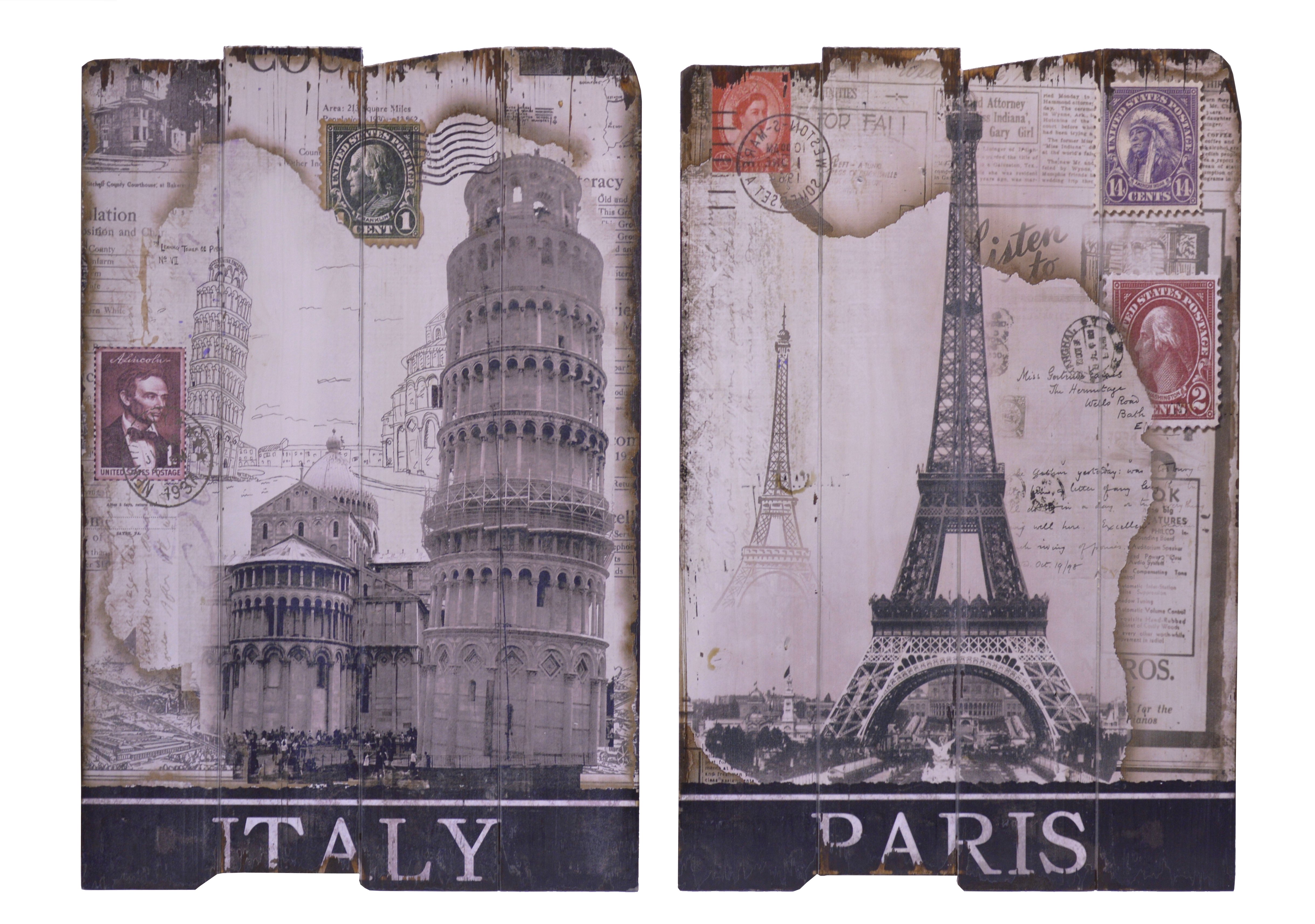 SK-019 2x Bild 60x40cm Holzbild Holztafel Pisa Italien Paris Frankreich antik Stil