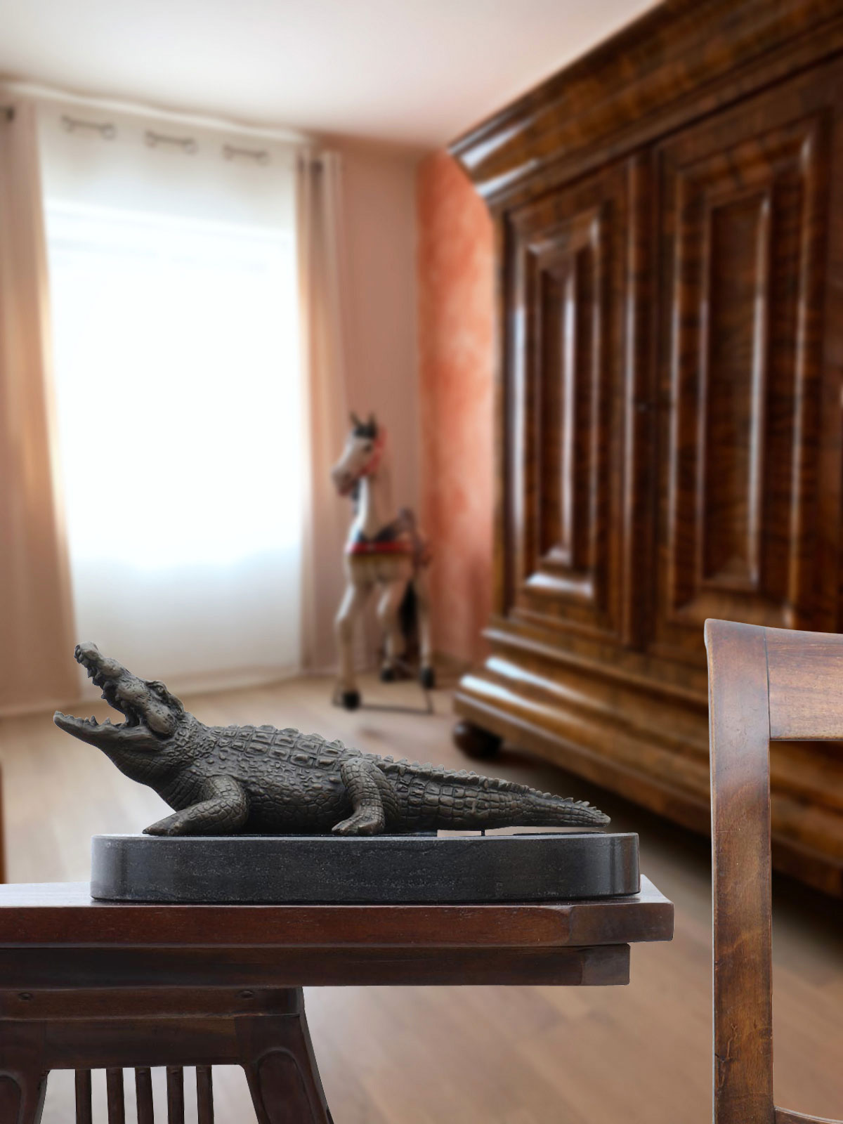 Bronzeskulptur Figur Krokodil Statue Alligator Reptil Antik-Stil 28cm