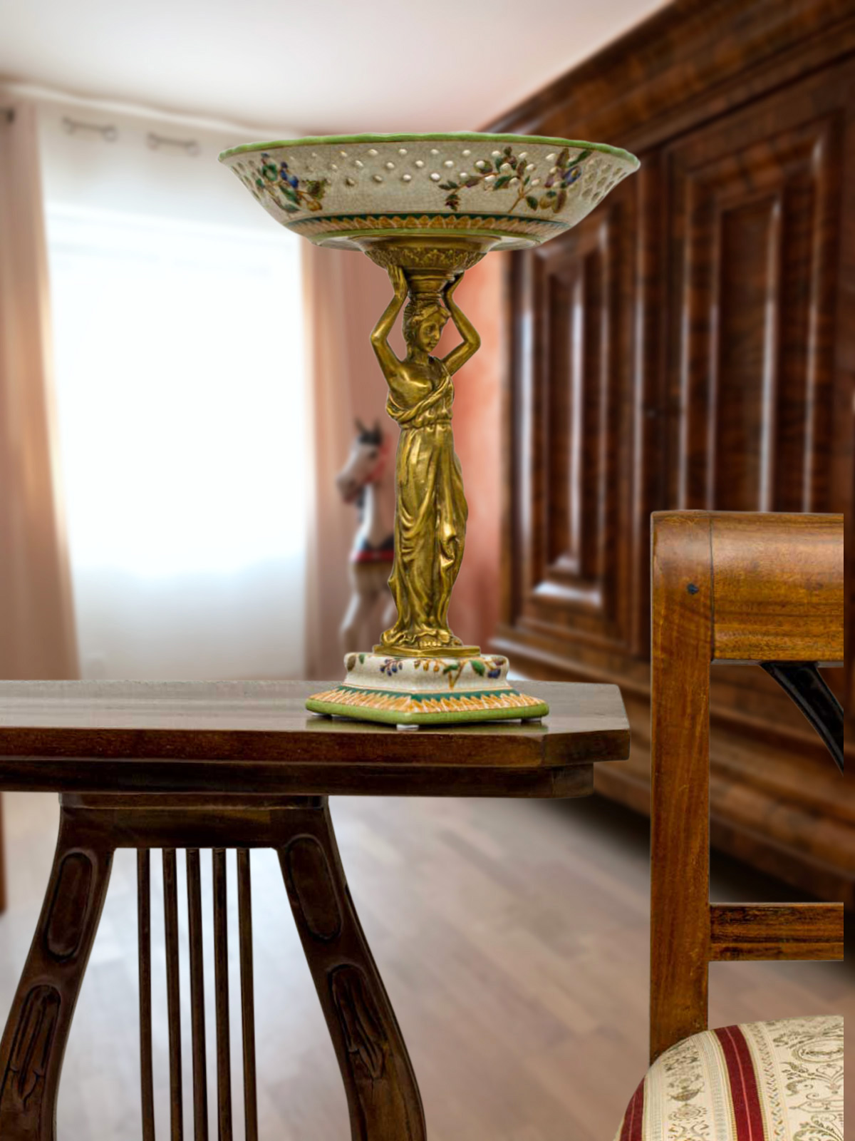 PT-77-10 Schale Prunkschale Frau Blume Skulptur Porzellan Messing Antik-Stil 33cm