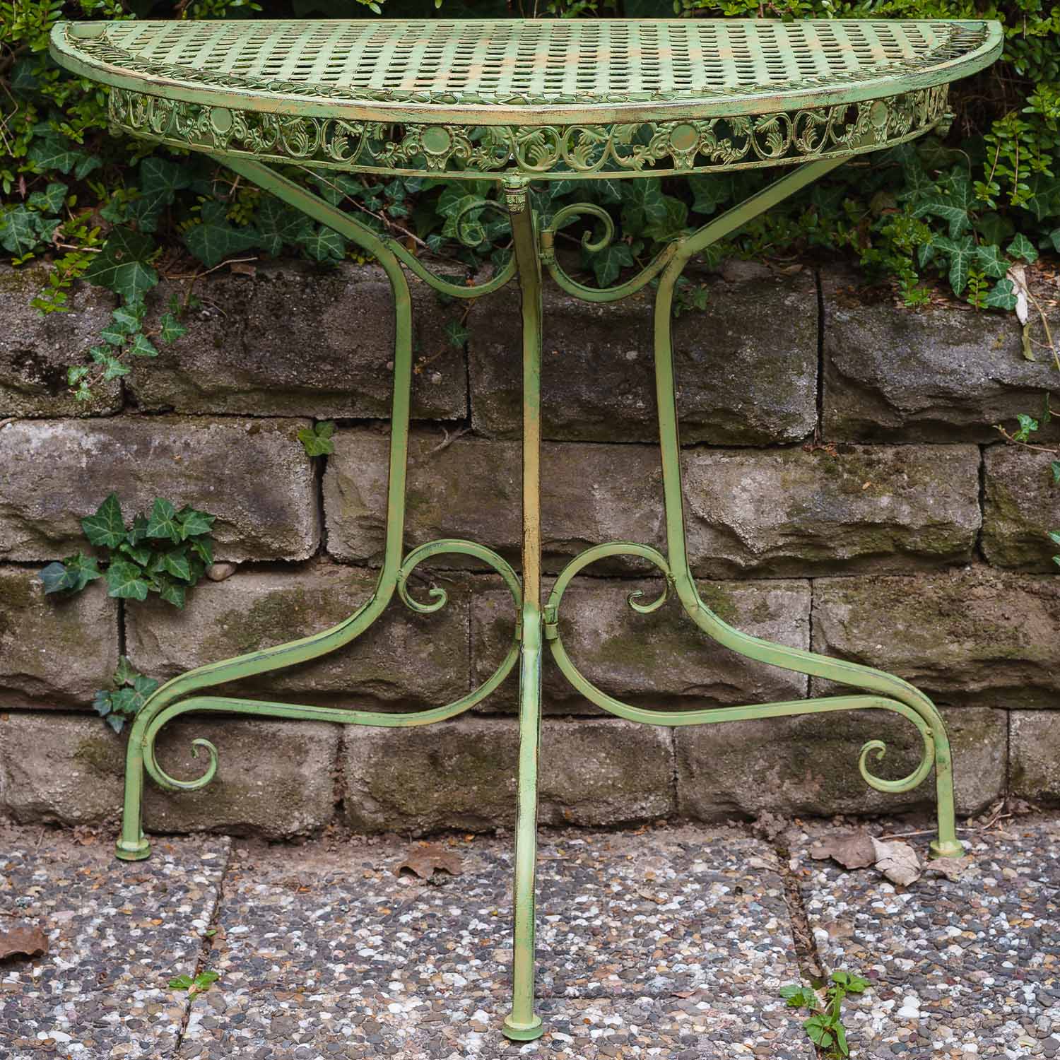 Balkontisch Gartentisch Eisen Tisch Garten grün Antik-Stil halbrund Konsole