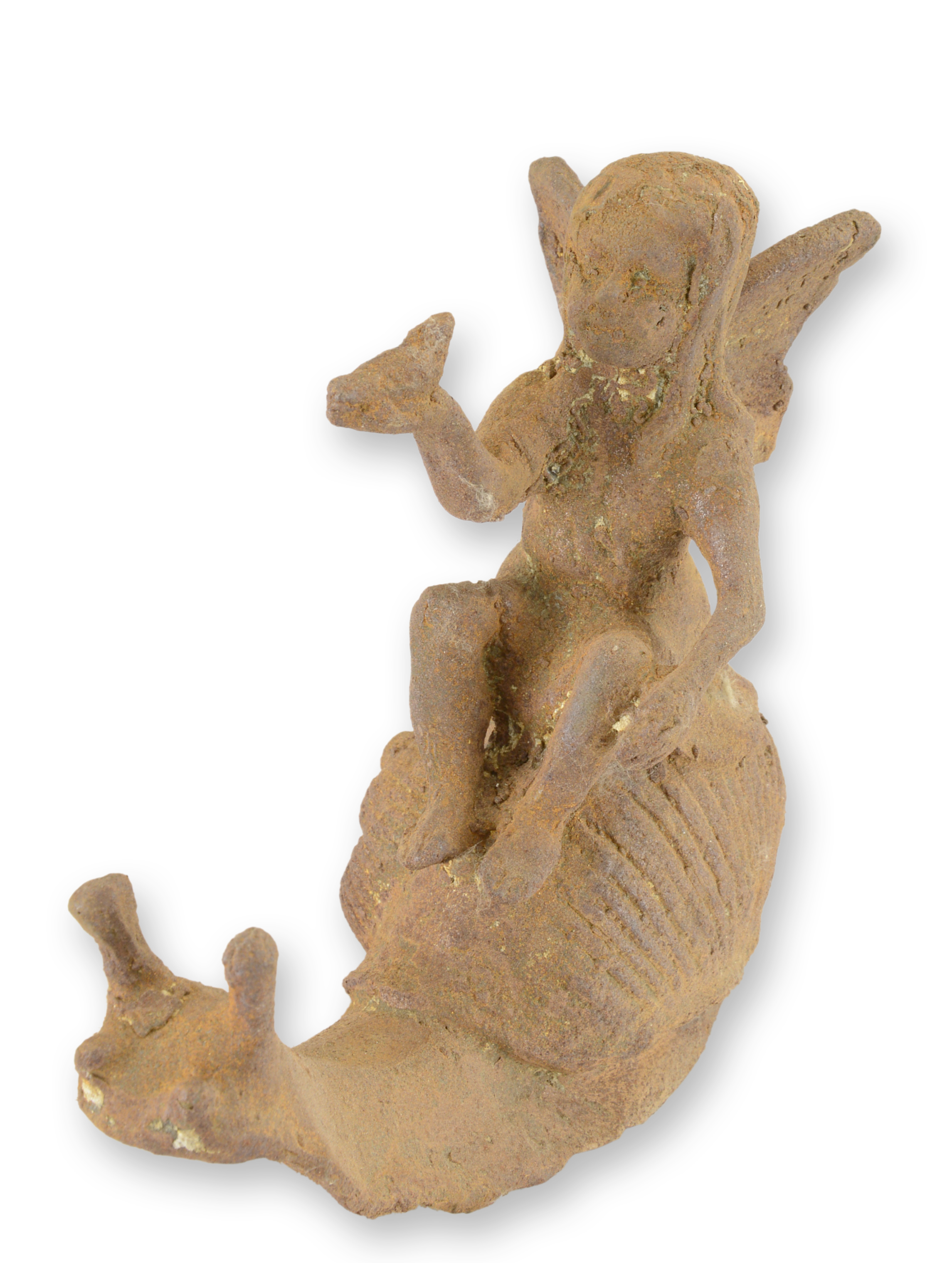 A rusty cast iron figurine of a fairy riding a snail replica retro design decoration