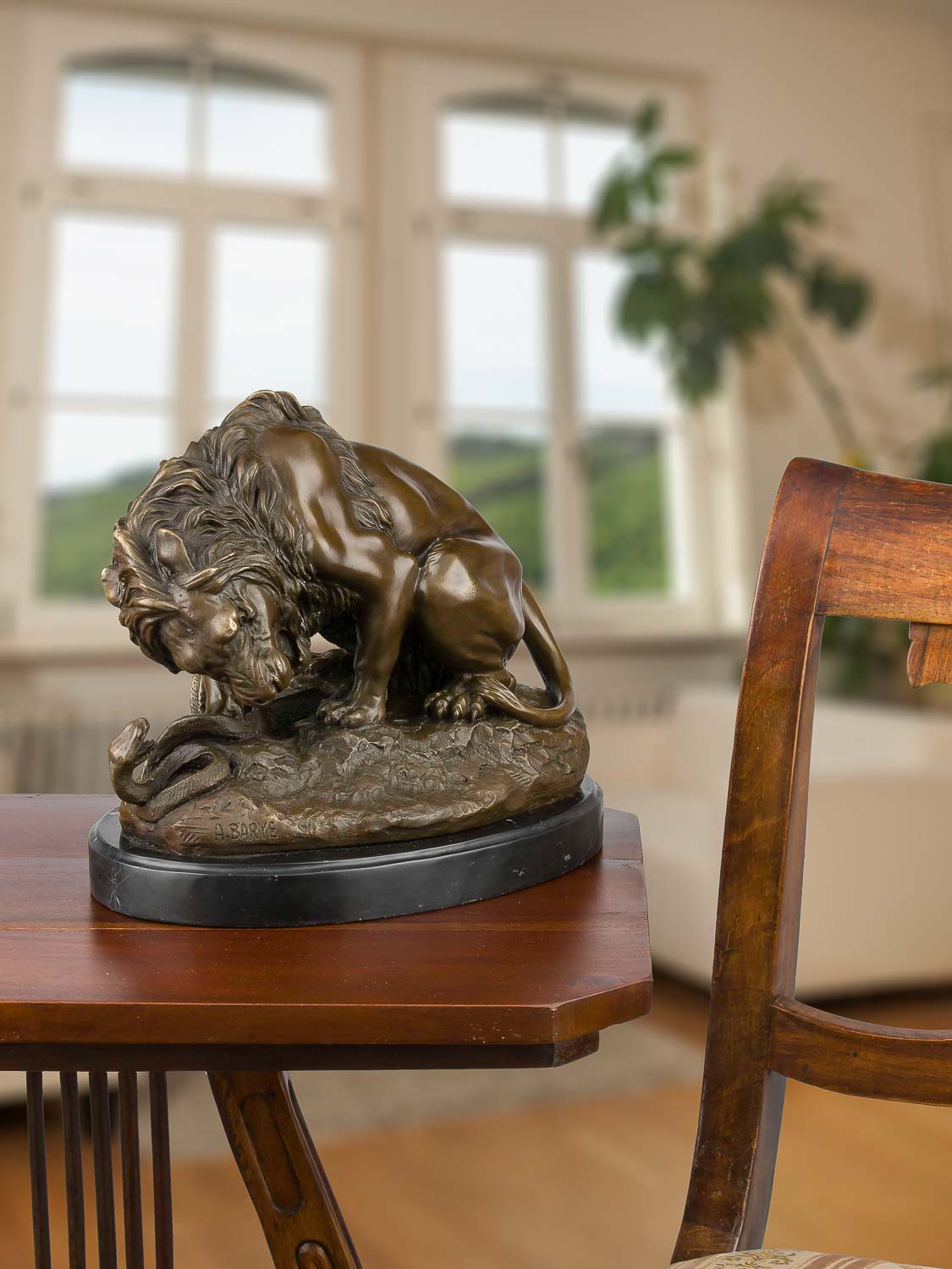 BR-4-05 Bronzeskulptur Bronze Figur Statue Löwe Schlange nach Barye im Antik-Stil Replik
