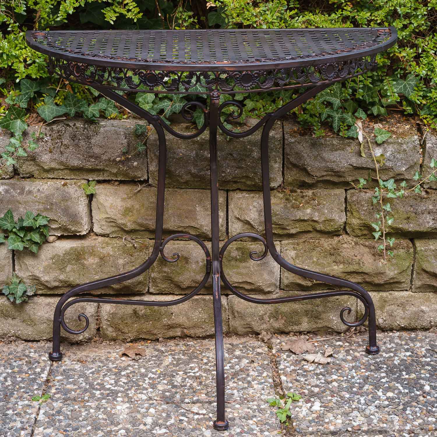 SW170200AB-7 Balkontisch Gartentisch Eisen Tisch Garten braun Antik-Stil halbrund Konsole
