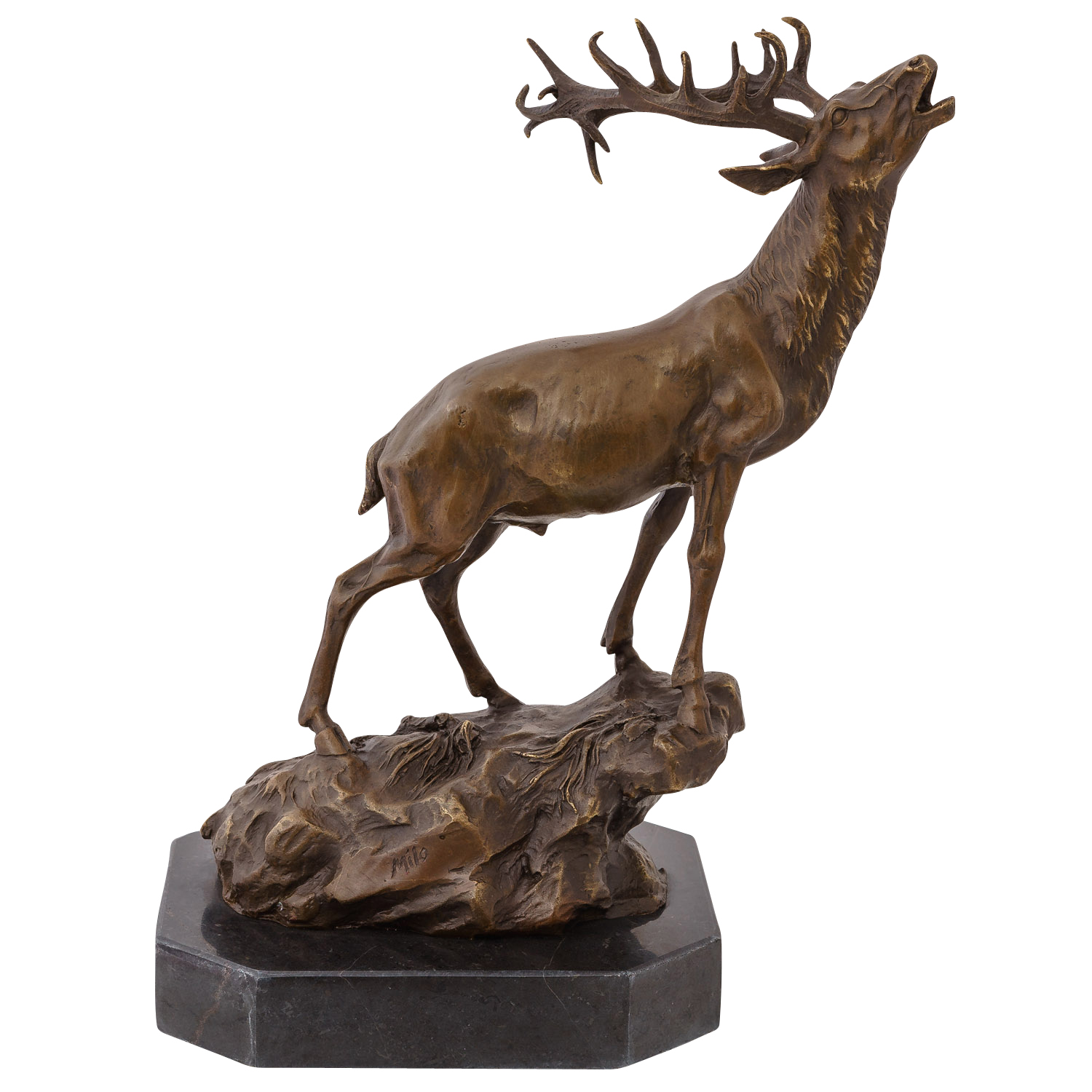 Bronzeskulptur röhrender Hirsch Felsen im Antik-Stil Bronze Figur Statue