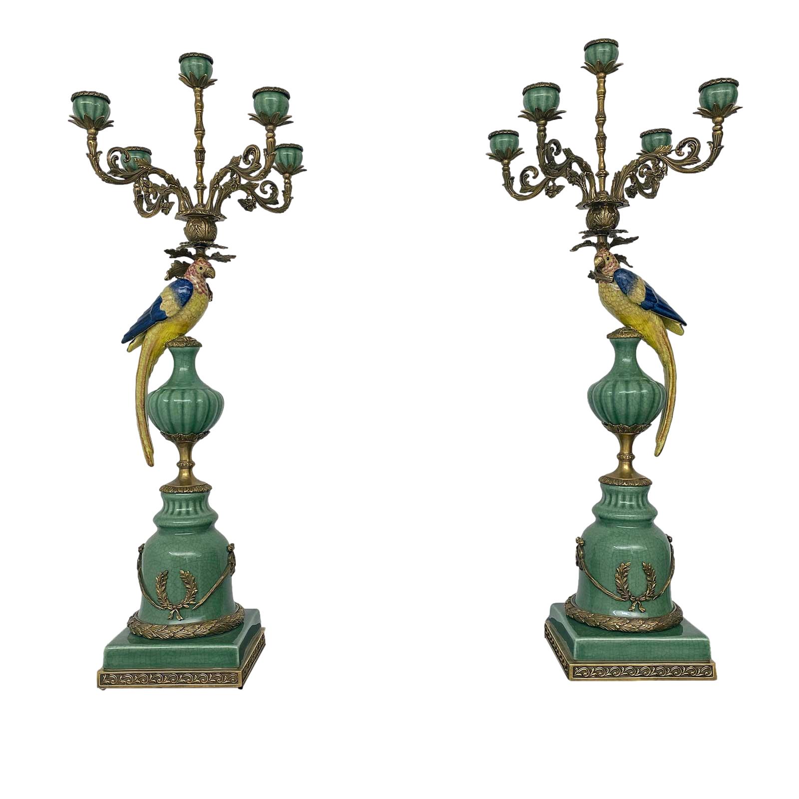 1xCC-52-1xCC-53-1 Paar Kerzenständer Porzellan Messing Vogel Papagei Skulptur Antik-Stil 84cm