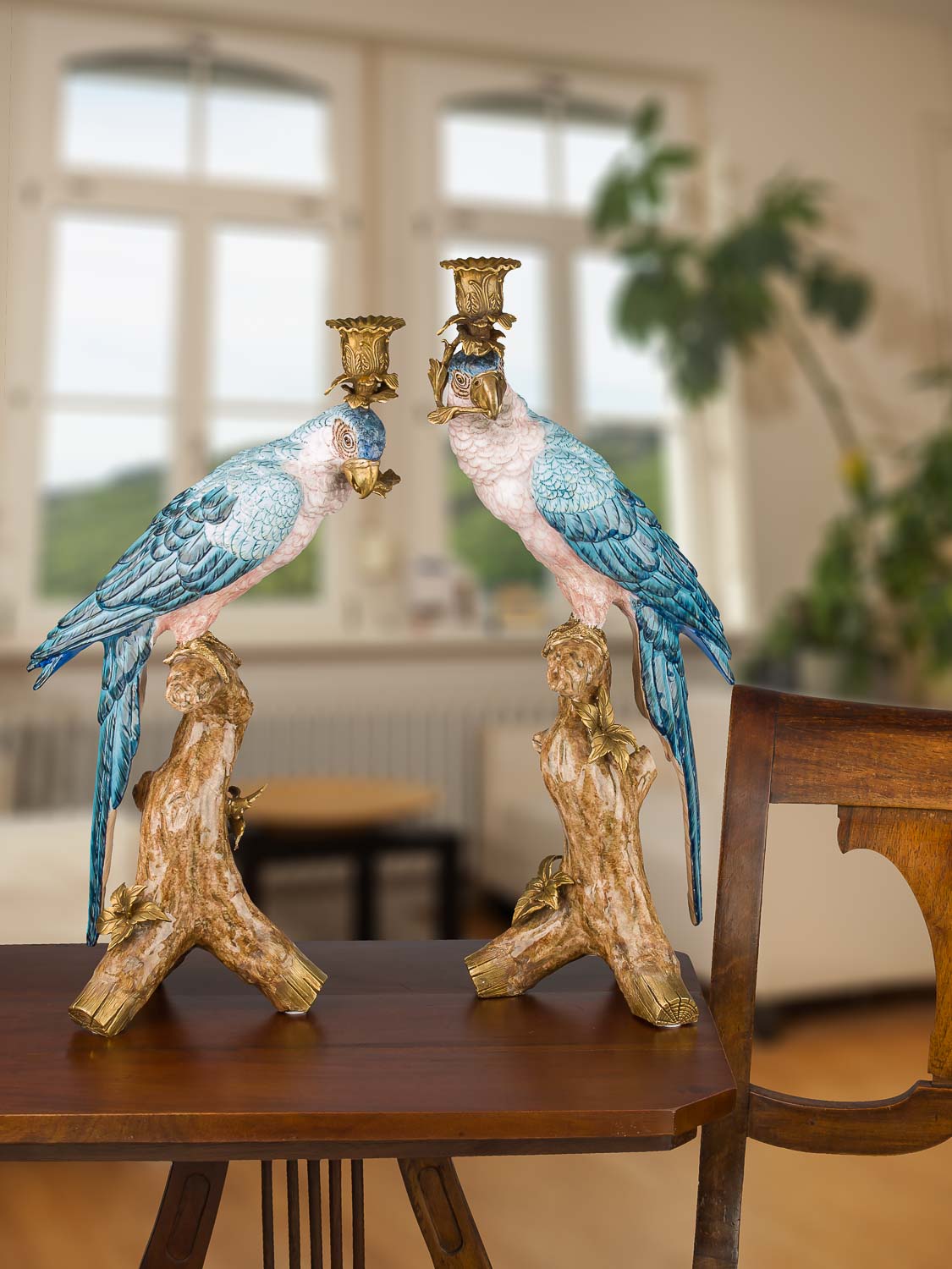 NN-15-16-02 Kerzenhalter Kerzenständer Papagei Porzellan Skulptur Antik-Stil 50cm Paar