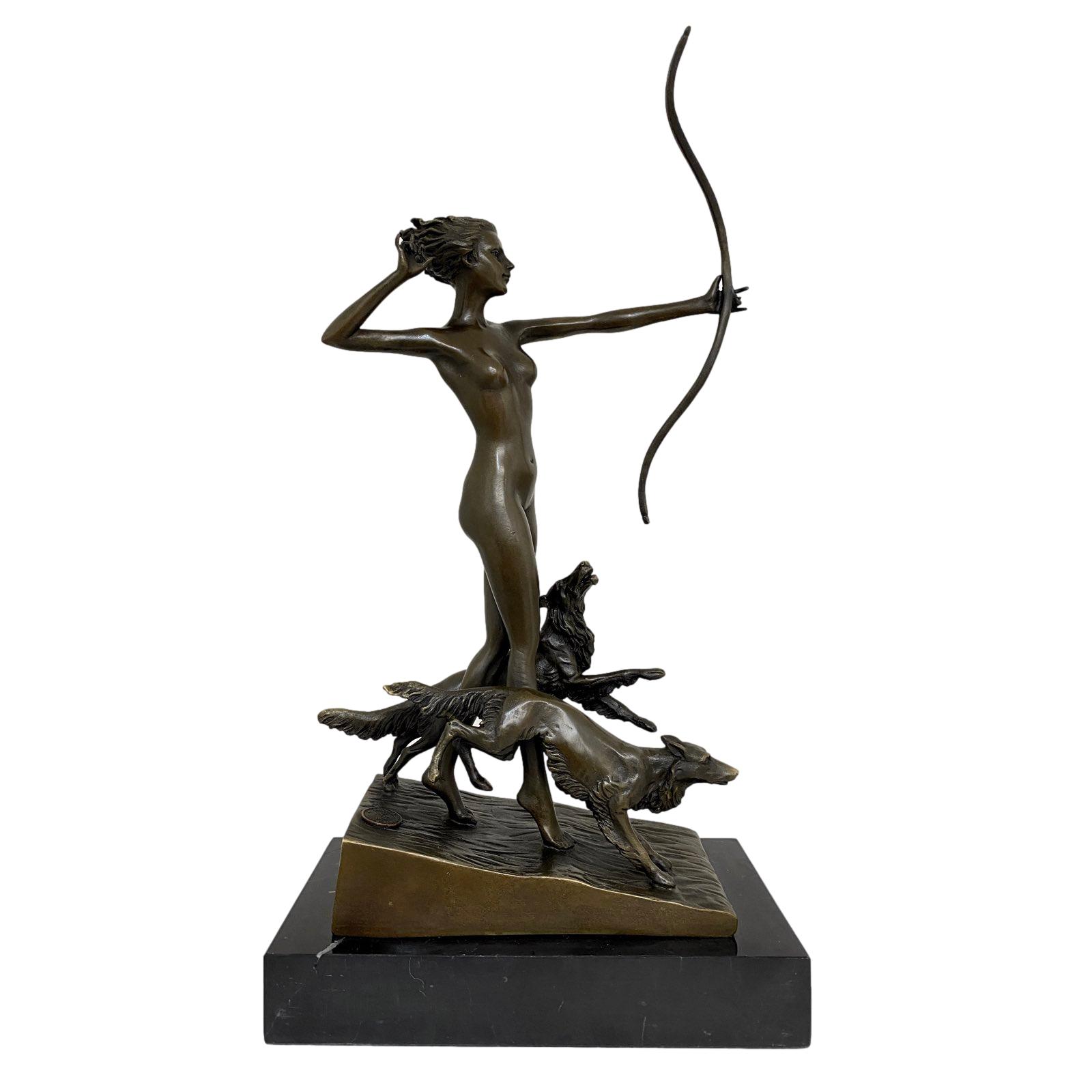 XT-92-6 Bronzeskulptur Figur Göttin Diana Hund nach Lorenzl Antik-Stil Replik Kopie (a)