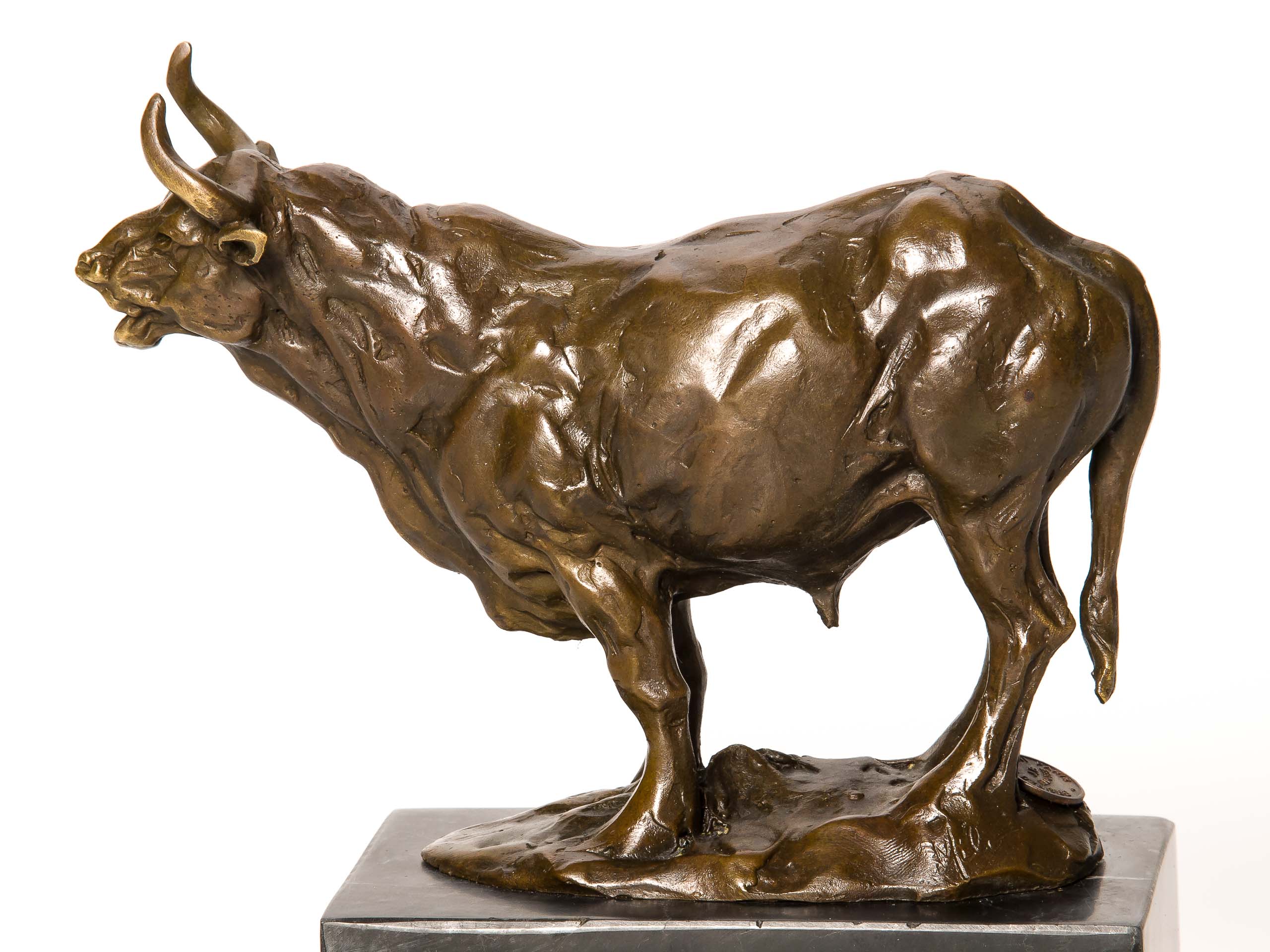 BRONZESKULPTUR STIER  BULLE BULL BRONZE MARMOR FIGUR SKULPTUR BRONZEFIGUR