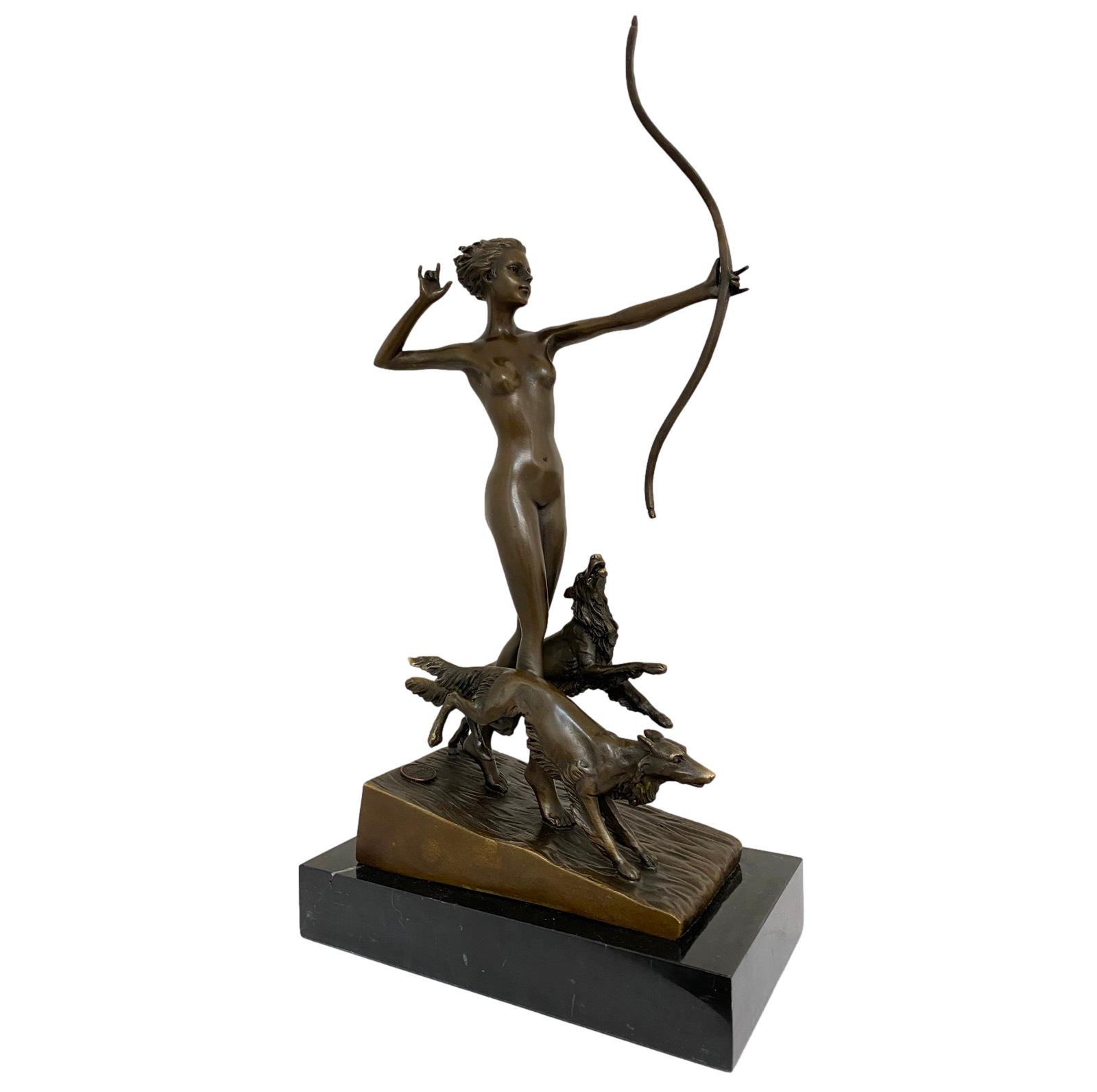XT-92-1 Bronzeskulptur Figur Göttin Diana Hund nach Lorenzl Antik-Stil Replik Kopie (a)