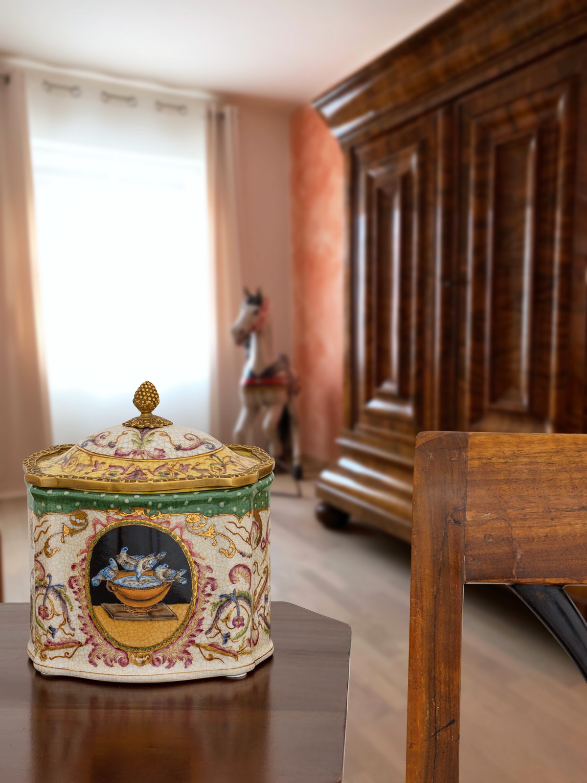 PT-168-7 Porzellan Schatulle Schmuckschatulle Porzellanbox Dose Vögel Antik-Stil 18cm