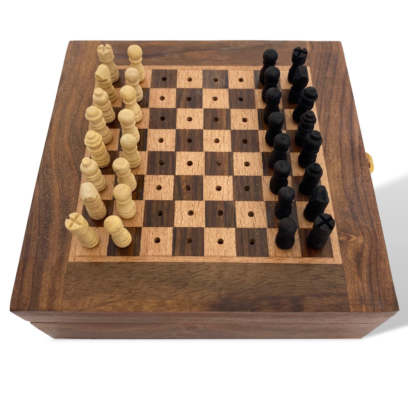 aubaho-46596-6 Schachspiel Reiseschach Mini-Schach Holz Schach Steckfiguren Chess Antik-Stil