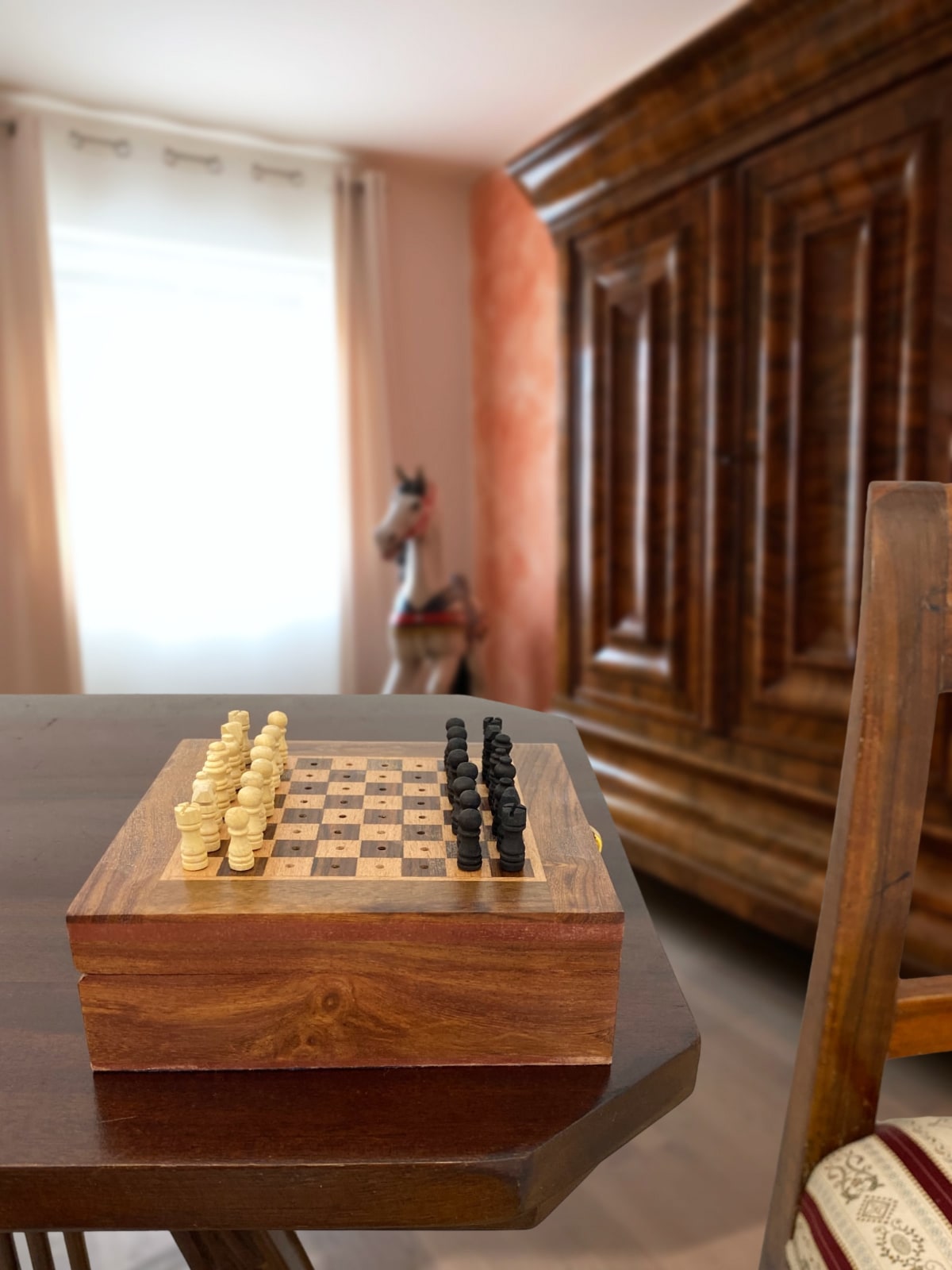 aubaho-46596-11 Schachspiel Reiseschach Mini-Schach Holz Schach Steckfiguren Chess Antik-Stil