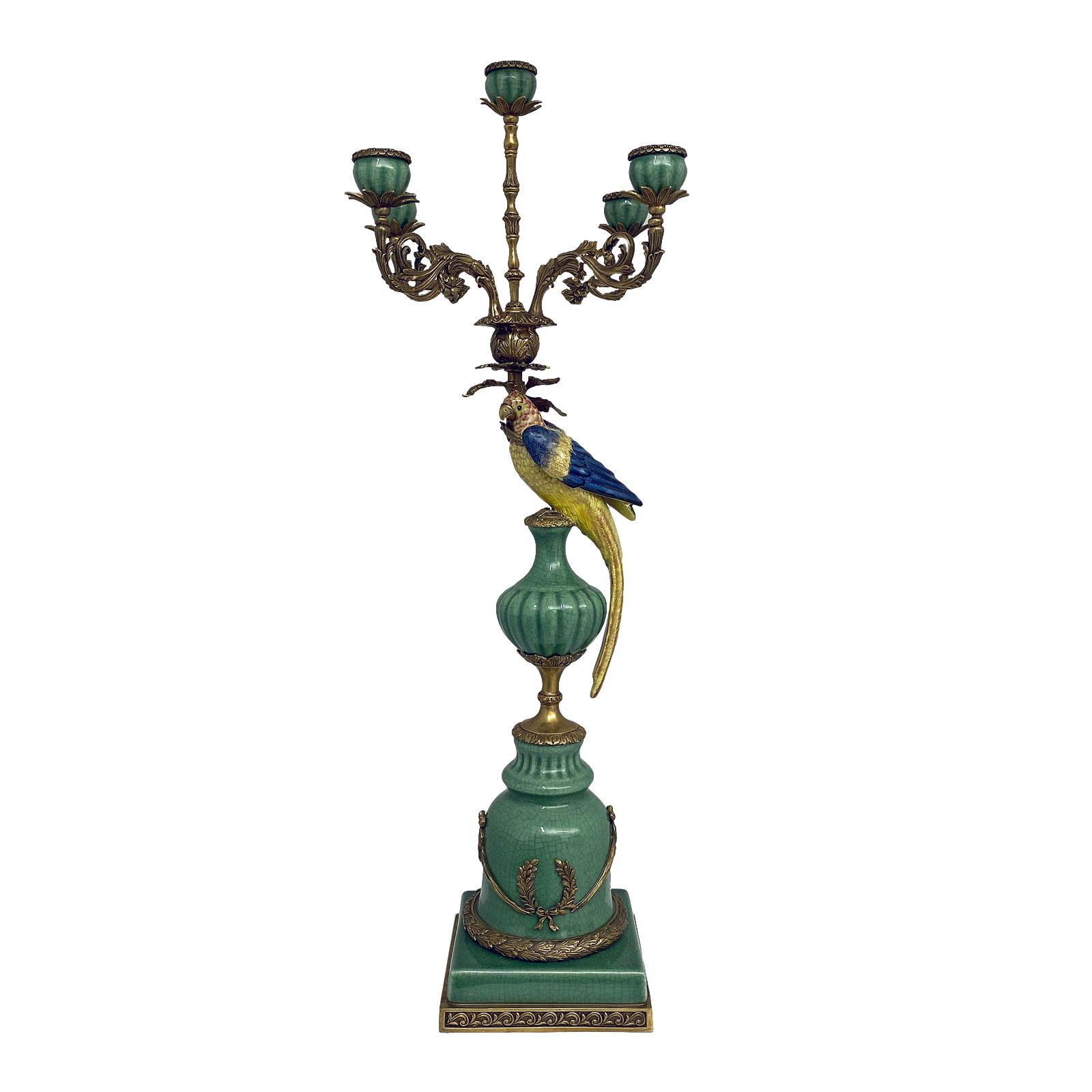 CC-53-1 Paar Kerzenständer Porzellan Messing Vogel Papagei Skulptur Antik-Stil 84cm