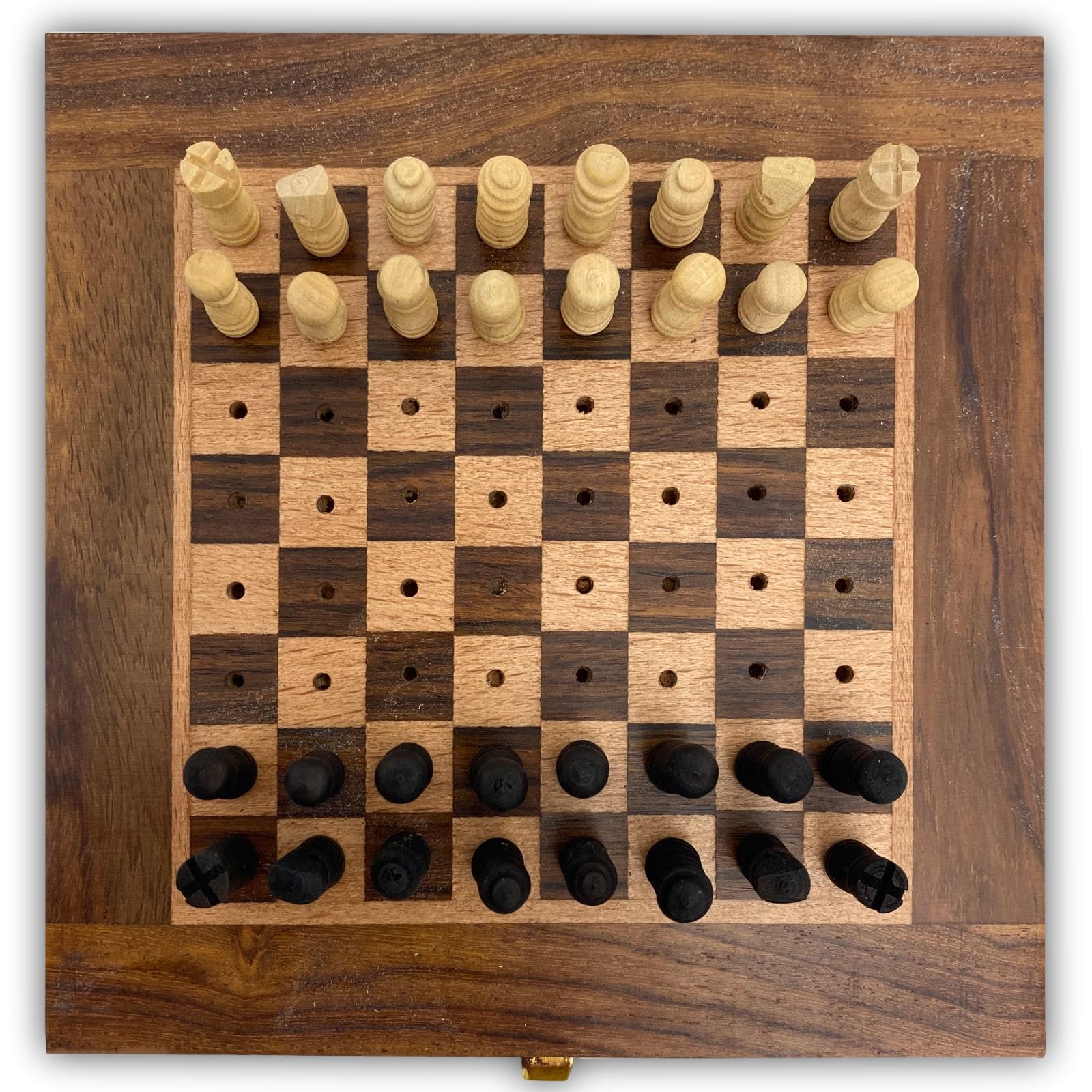 aubaho-46596-2 Schachspiel Reiseschach Mini-Schach Holz Schach Steckfiguren Chess Antik-Stil