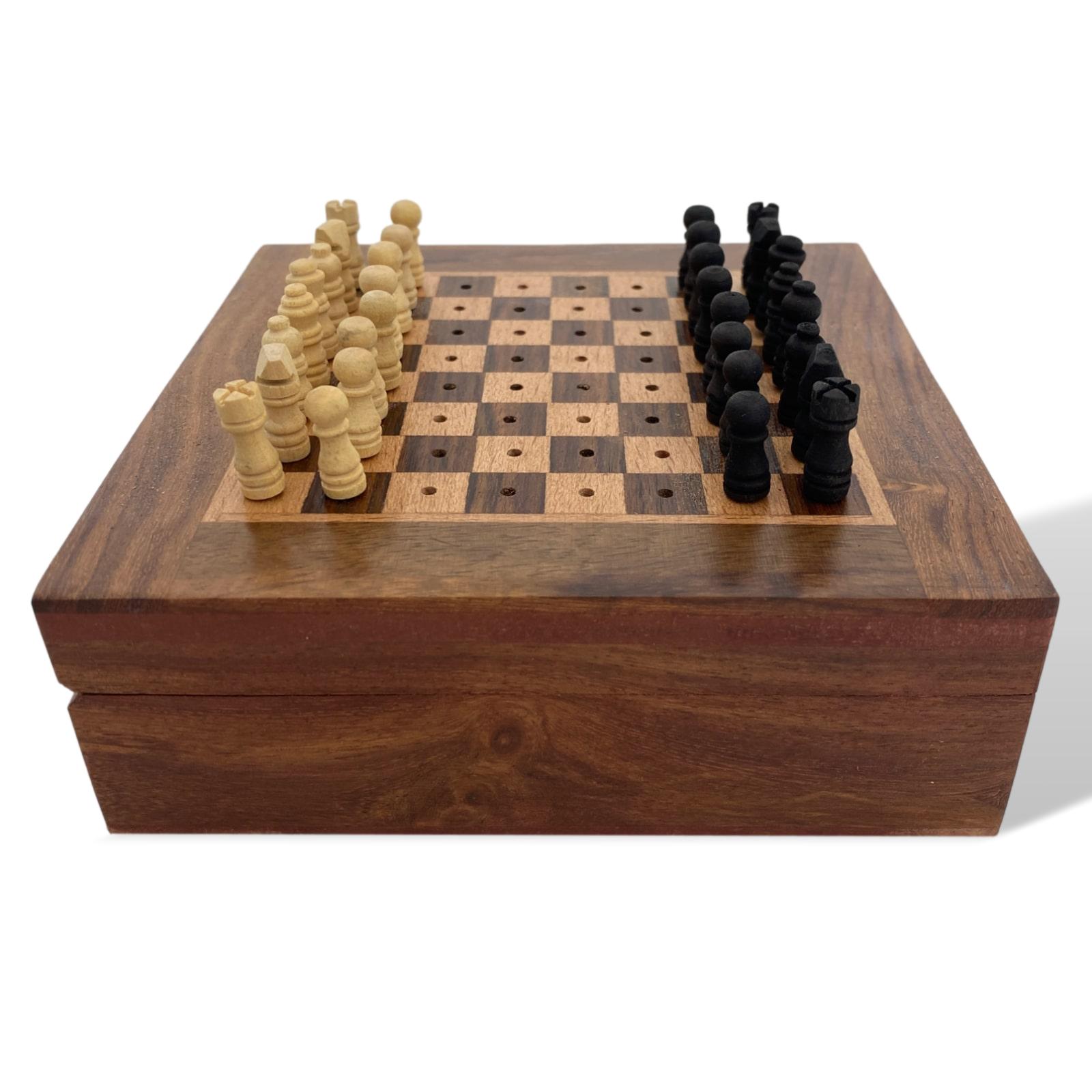 aubaho-46596-5 Schachspiel Reiseschach Mini-Schach Holz Schach Steckfiguren Chess Antik-Stil