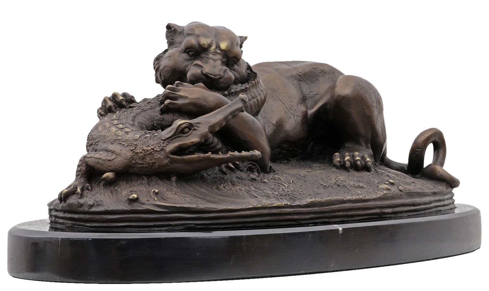 YY-32_3 Bronzeskulptur Tiger Gavial Krokodil im Antik-Stil Bronze Figur Statue 42cm
