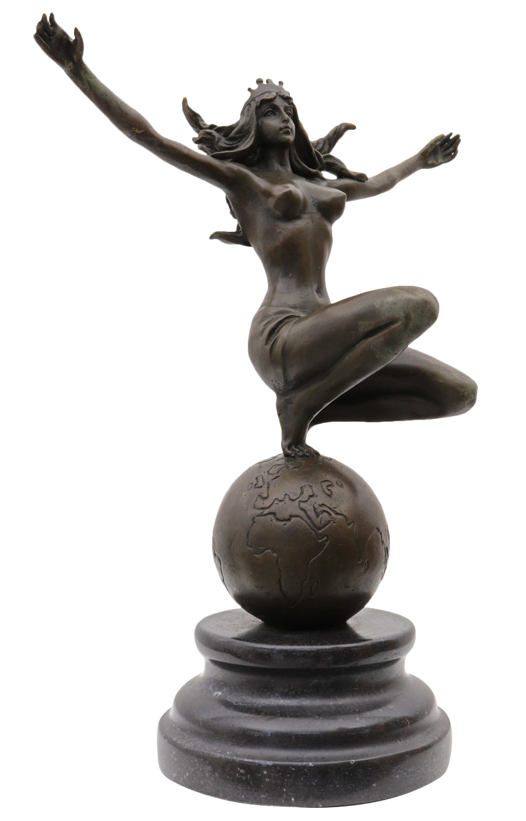 FA-30_2 Bronzeskulptur Frau Weltkugel im Antik-Stil Bronze Figur Statue 25cm