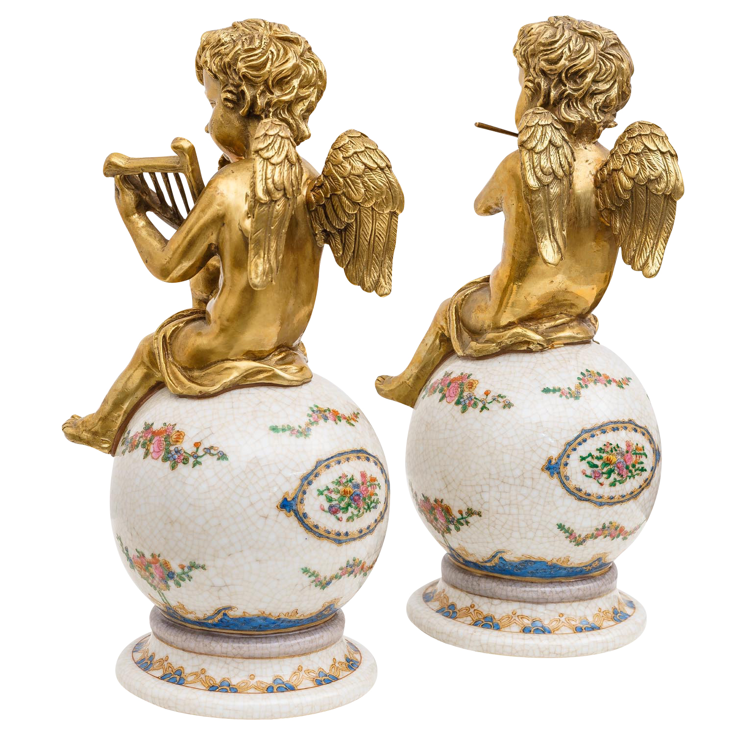 PT-199-04 Engel Paar Skulptur Kugel Porzellan Messing Antik-Stil 25cm