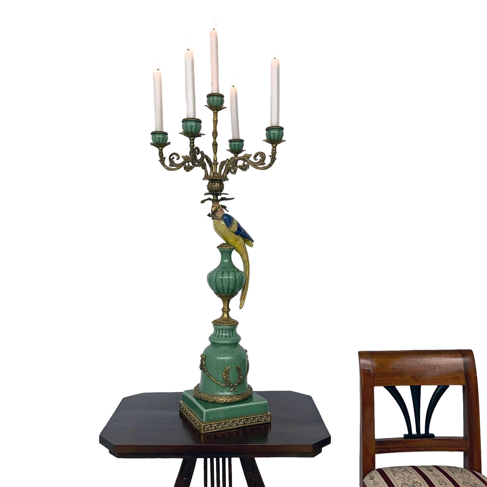 CC-53-5 Paar Kerzenständer Porzellan Messing Vogel Papagei Skulptur Antik-Stil 84cm