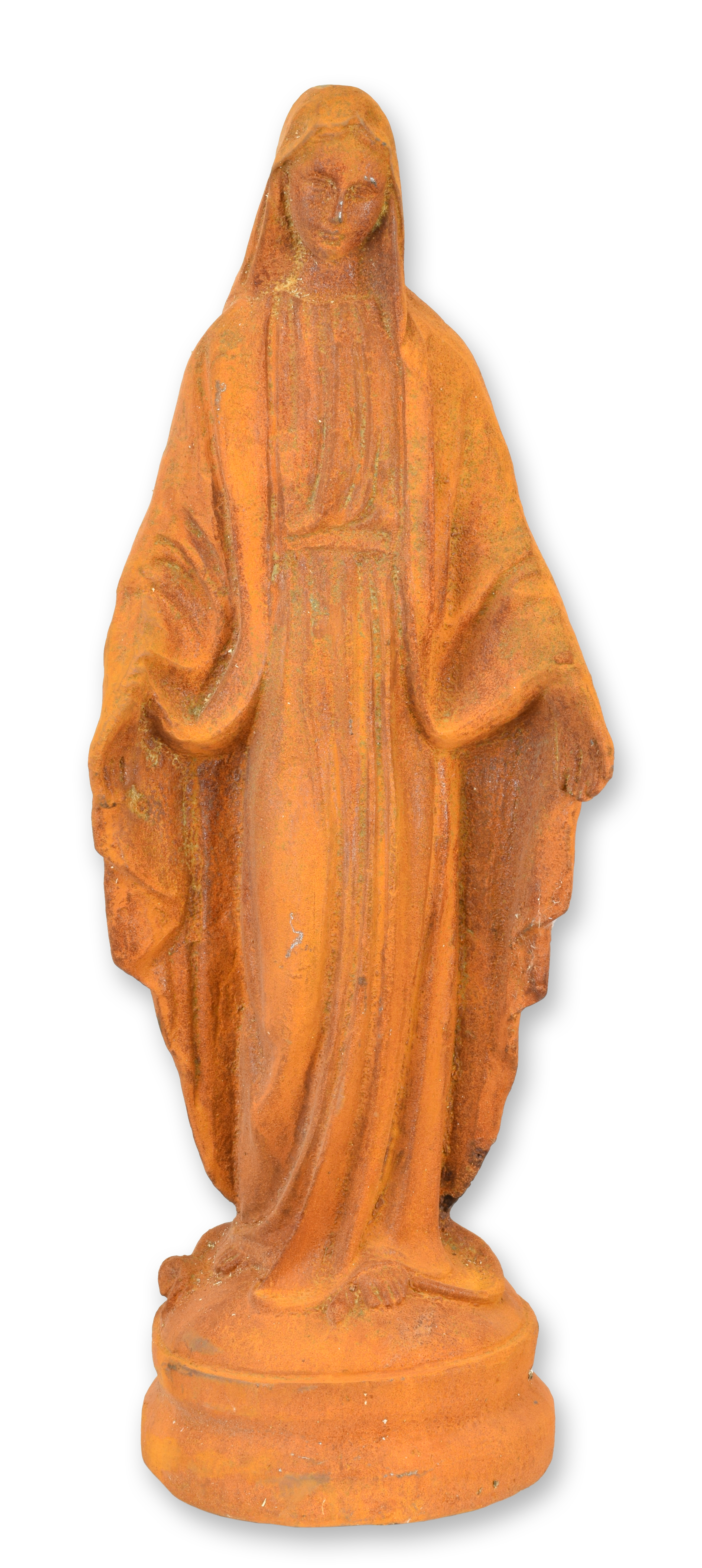 A rusty cast iron figurine of madonna replica retro design decoration