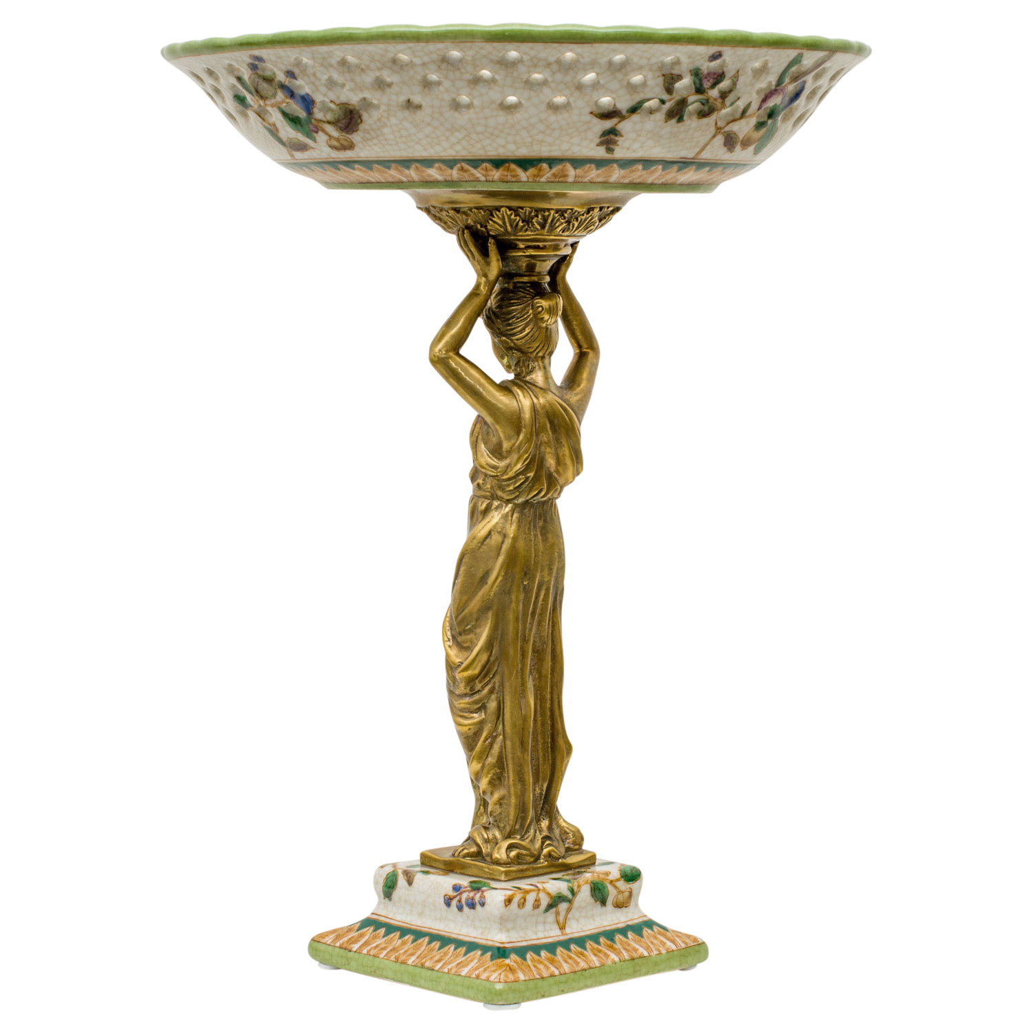 PT-77-6 Schale Prunkschale Frau Blume Skulptur Porzellan Messing Antik-Stil 33cm