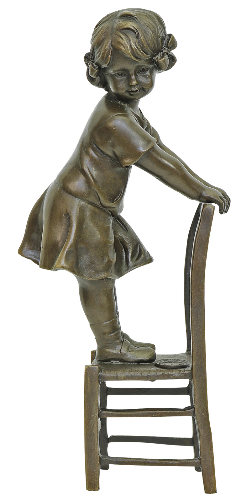 SL-83_Vorne Bronzeskulptur Mädchen Stuhl Kind im Antik-Stil Bronze Figur Statue - 21cm