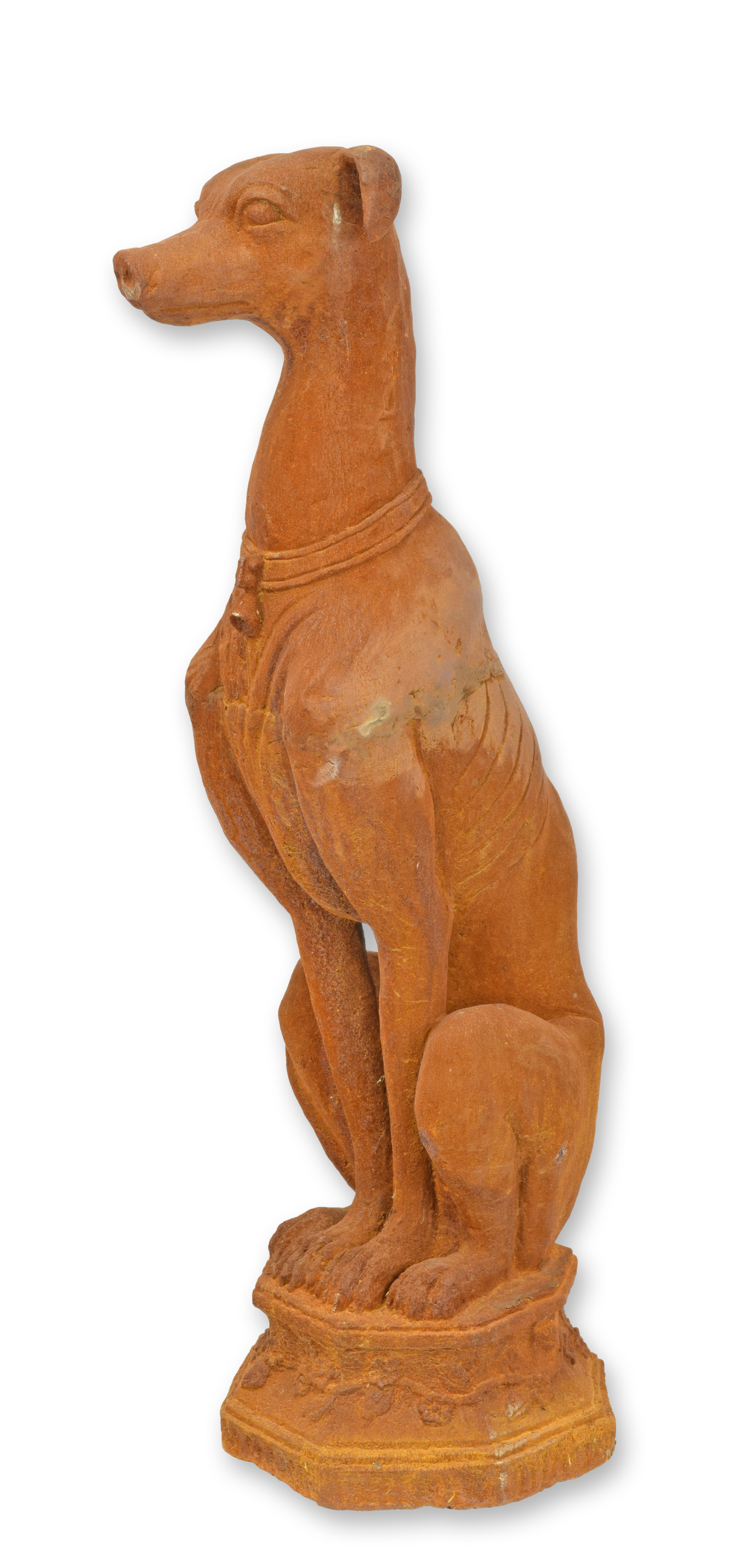 A rusty cast iron sculpture of a whippet replica retro design decoration
