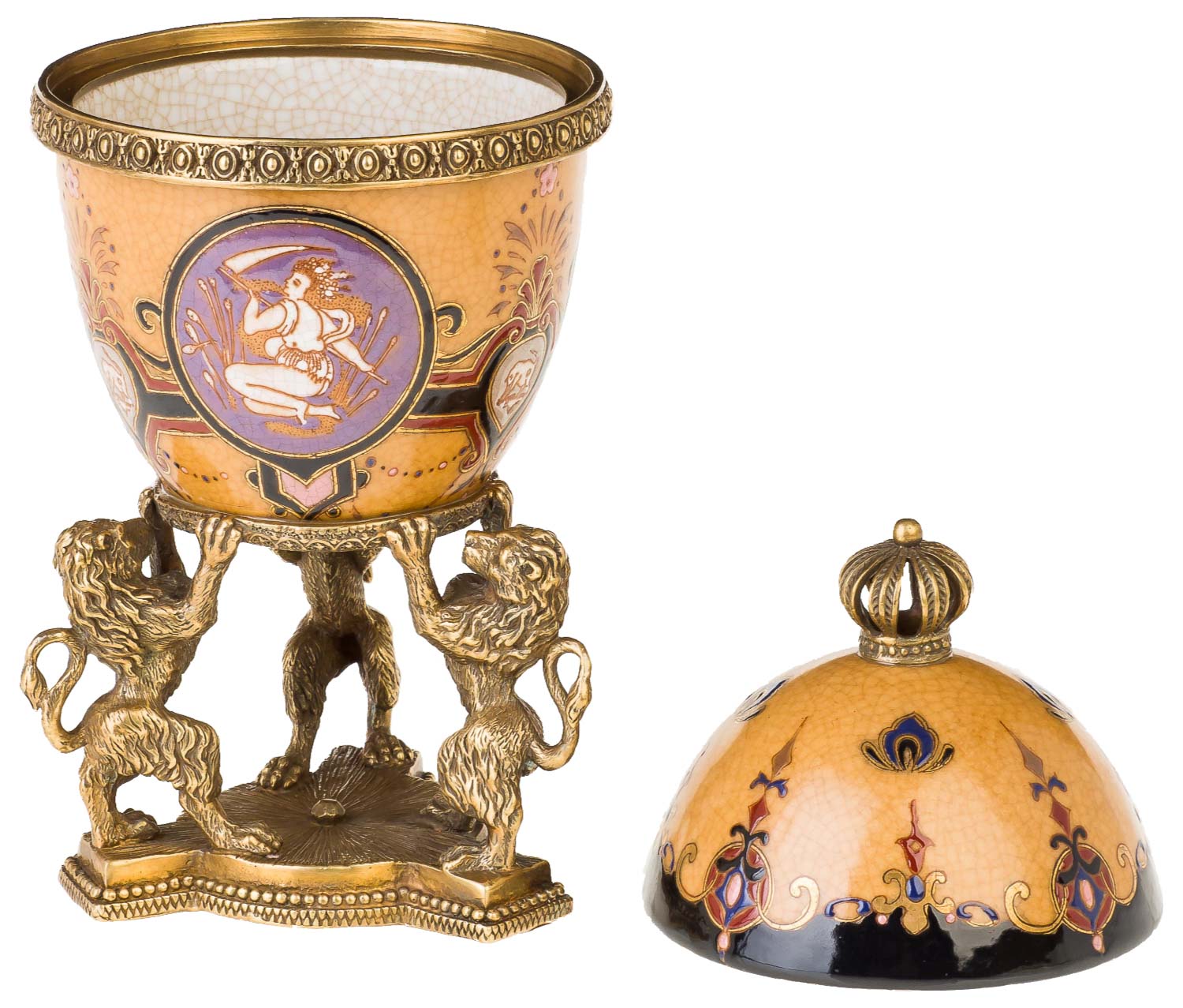 BB-53-06 Schmuck Ei Dose Löwe Porzellan Messing Antik-Stil - 26cm