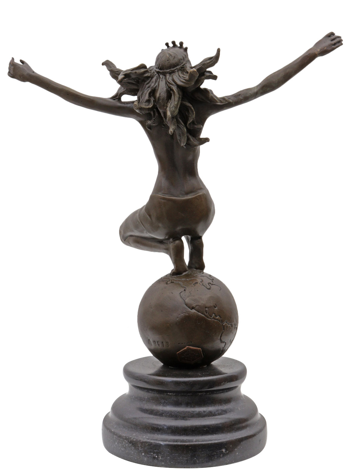 FA-30_4 Bronzeskulptur Frau Weltkugel im Antik-Stil Bronze Figur Statue 25cm