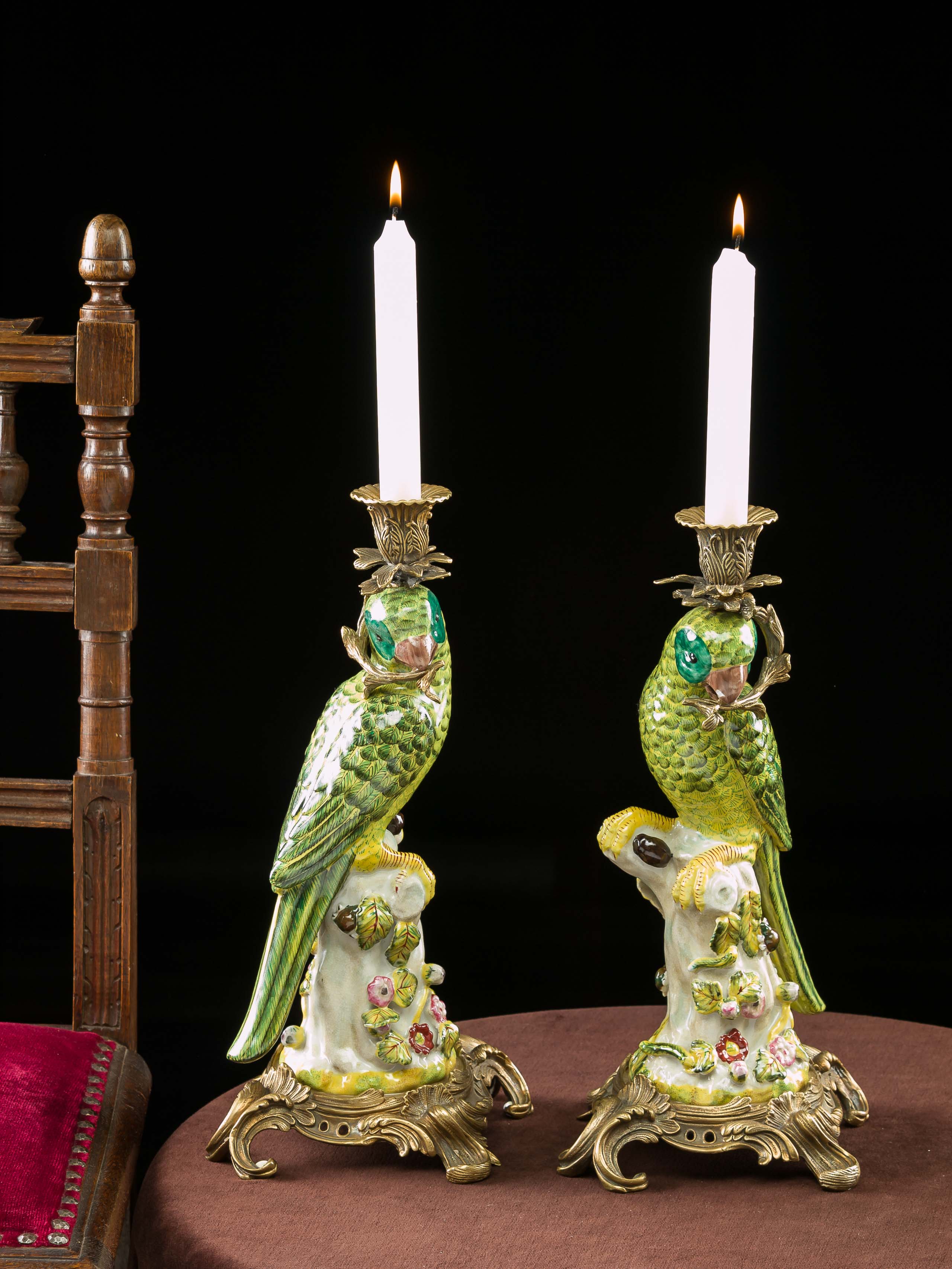 PT-89-PT-90-2 Paar Papagei Kerzenständer Porzellan antik Stil Kerzenleuchter 37cm candlestick