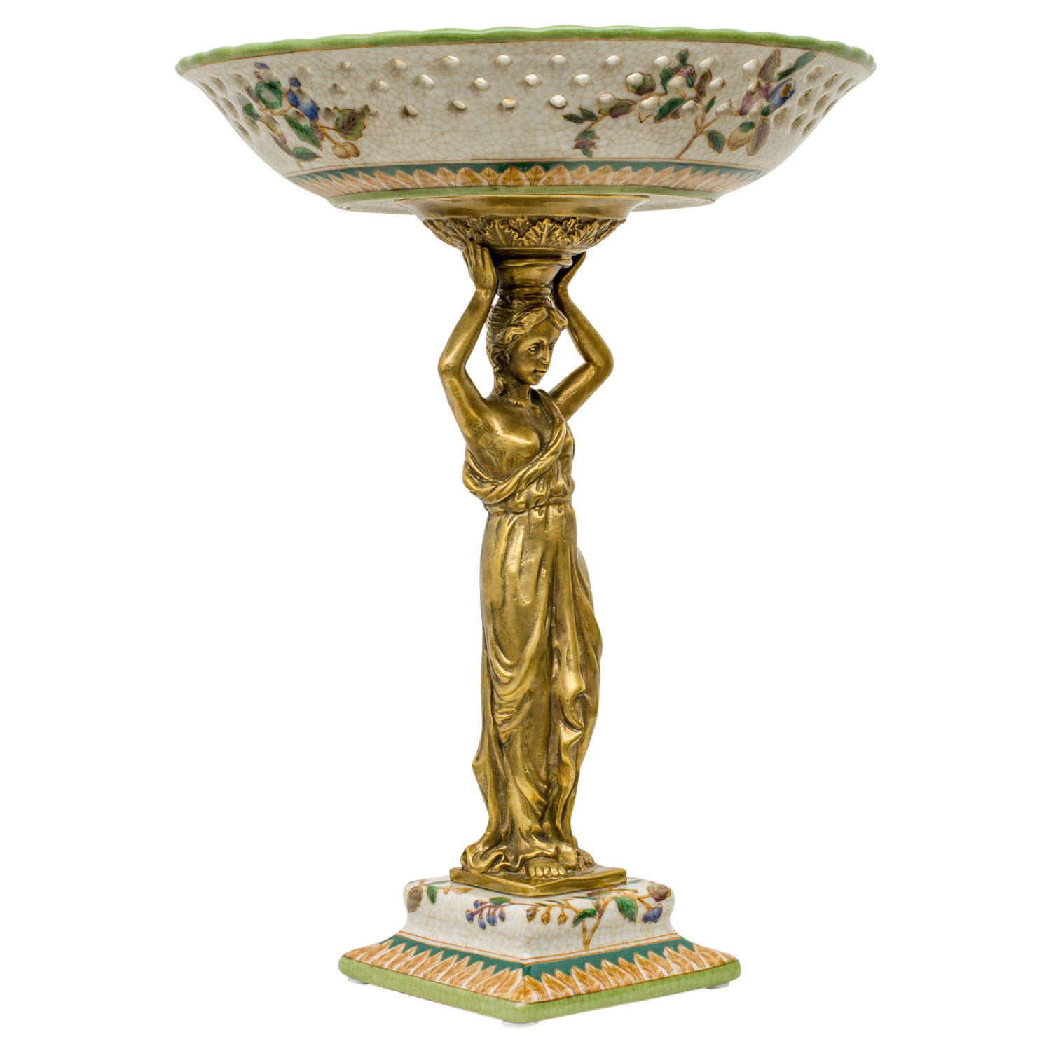 PT-77-2 Schale Prunkschale Frau Blume Skulptur Porzellan Messing Antik-Stil 33cm