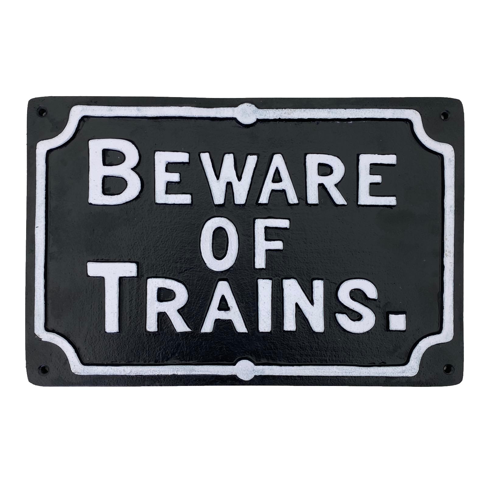 aubaho-LS-N513-2a Schild Türschild BEWARE OF TRAINS Eisenbahn Bahn Eisen 31cm Antik-Stil