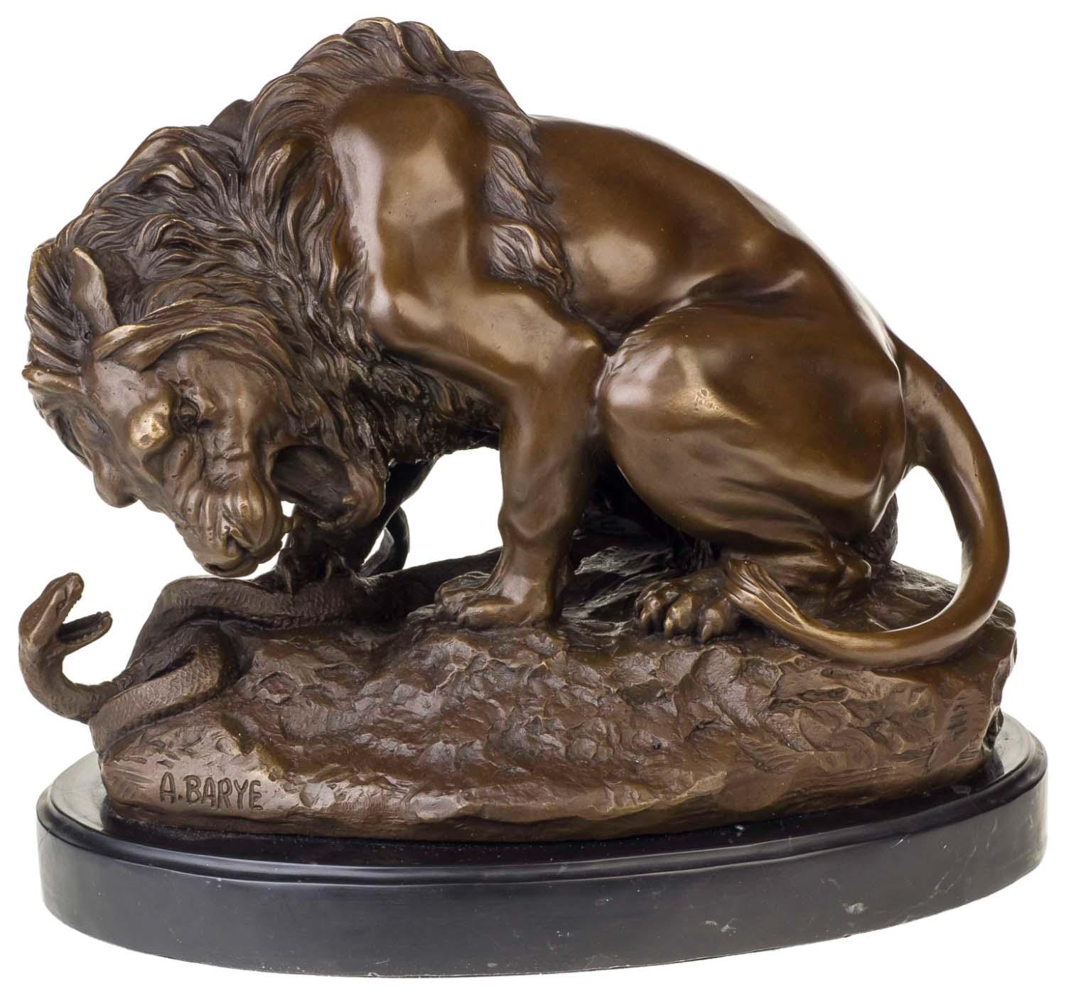 BR-4-01 Bronzeskulptur Bronze Figur Statue Löwe Schlange nach Barye im Antik-Stil Replik
