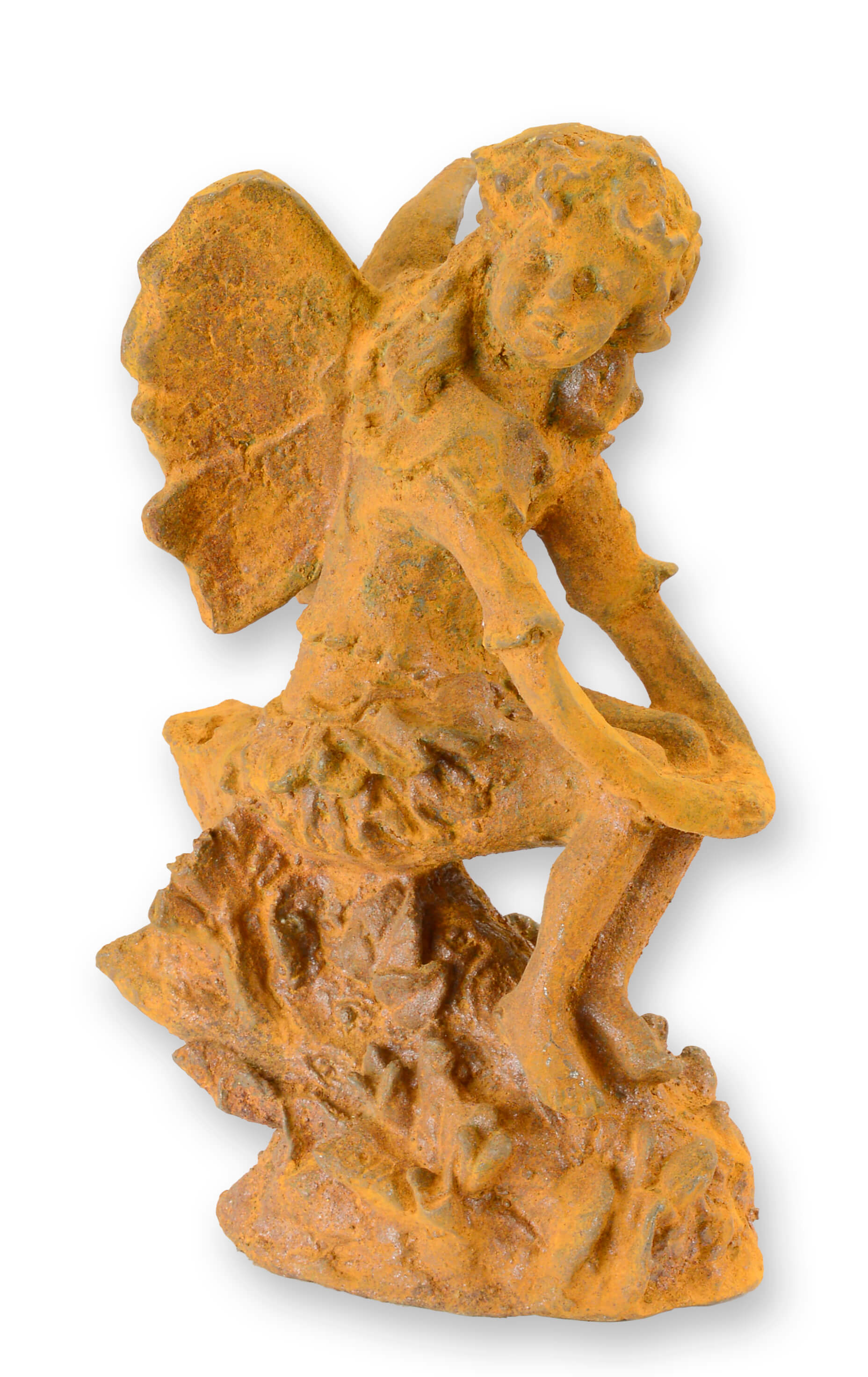 Rusty cast iron figurine of a sitting fairy replica retro design decoration
