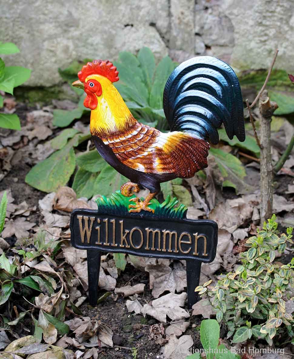 im-willkommen1 Beetstecker Huhn Hahn Willkommen Schild Garten Figur Skulptur antik Stil garden