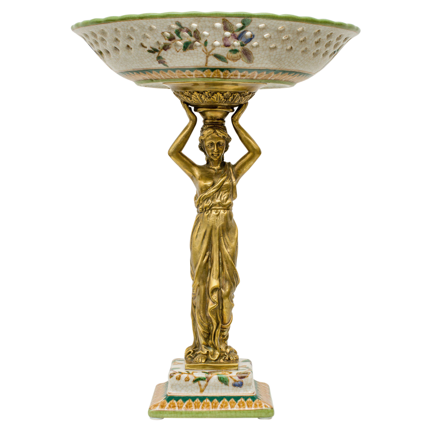 PT-77-1 Schale Prunkschale Frau Blume Skulptur Porzellan Messing Antik-Stil 33cm