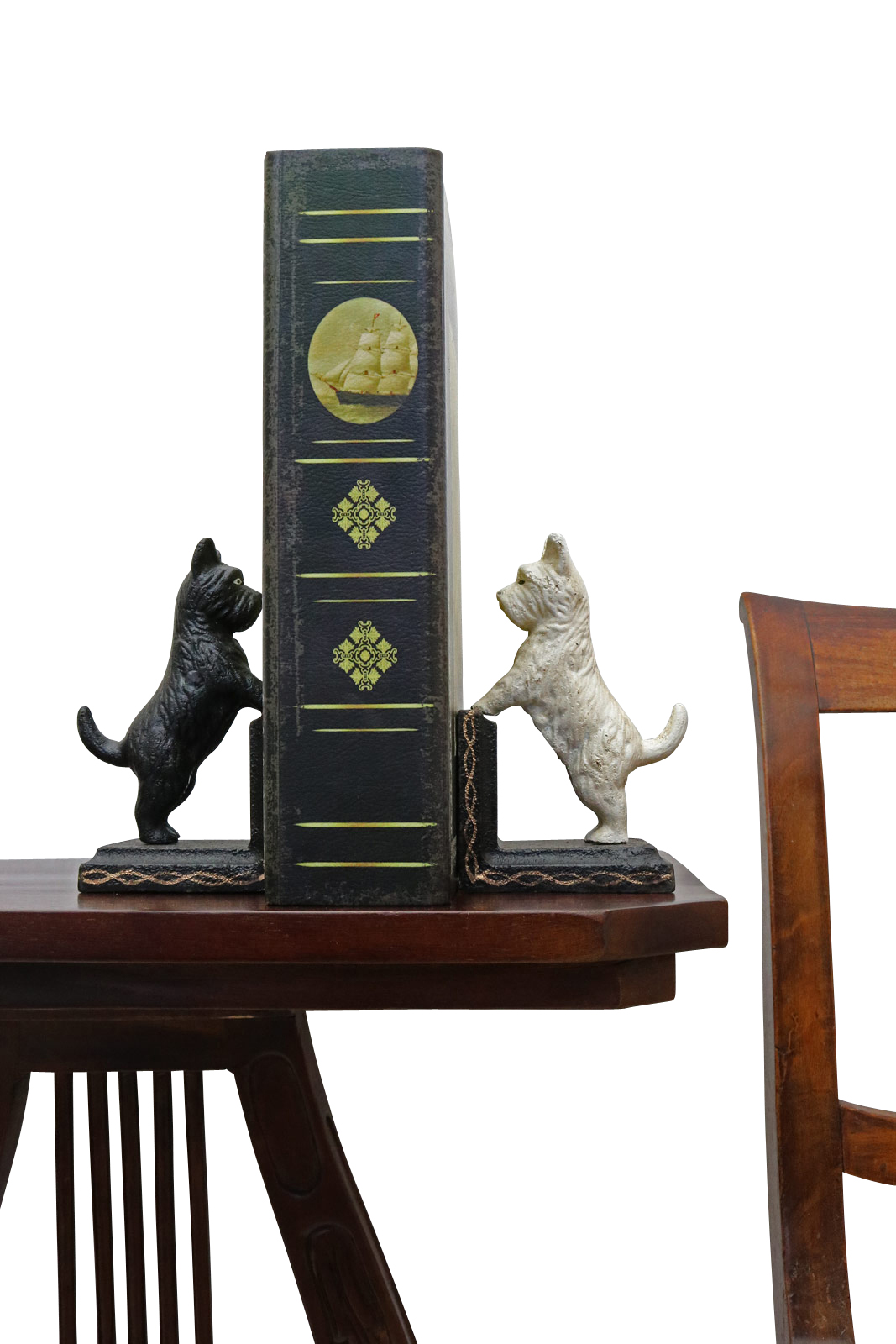 XL-48_10 2 Buchstützen Buchständer Spitz Schnauzer Terrier Hund Figur Eisen Antik-Stil