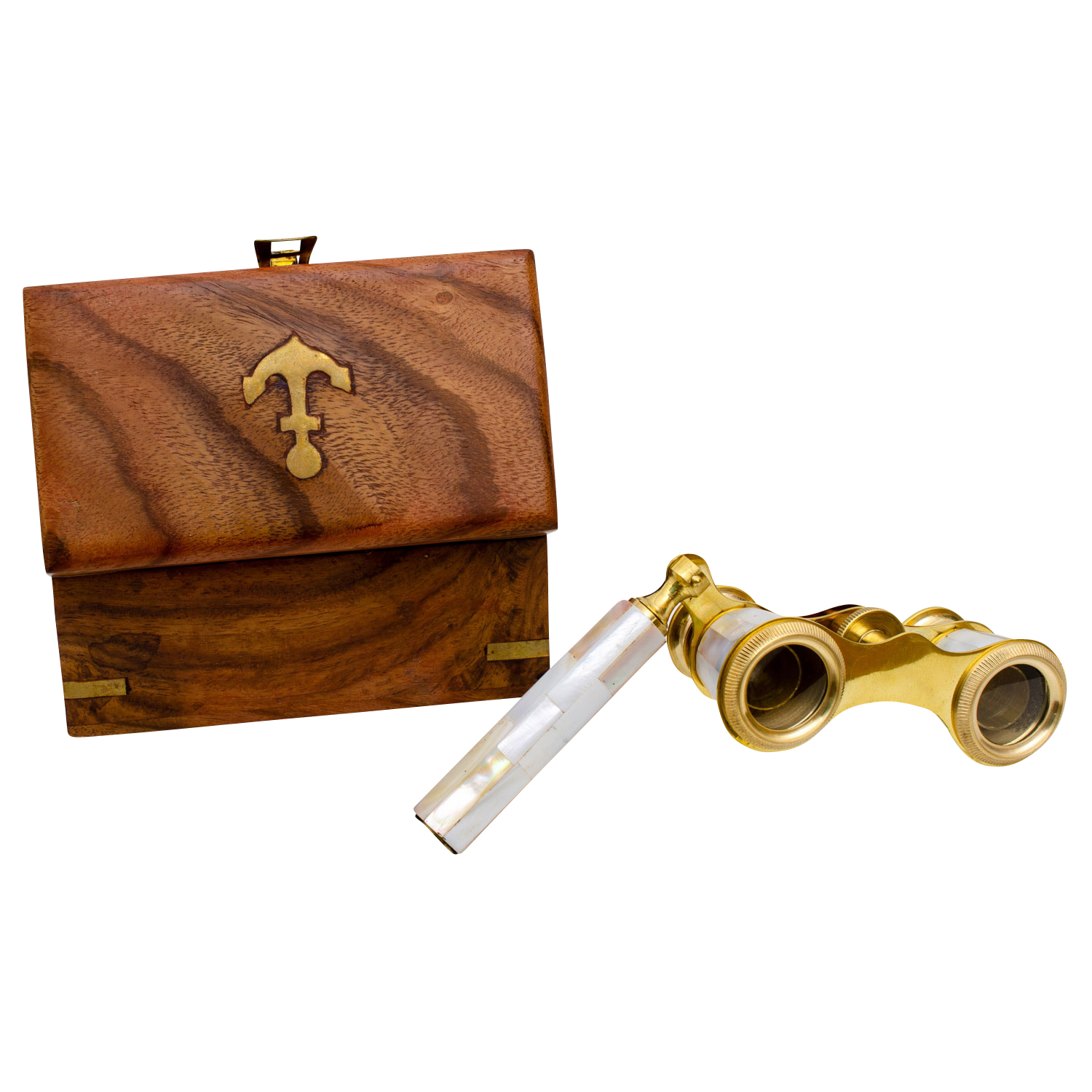 Opernglas mit Holzbox Fernglas Theaterglas Messing Kunststein Antik-Stil (a)
