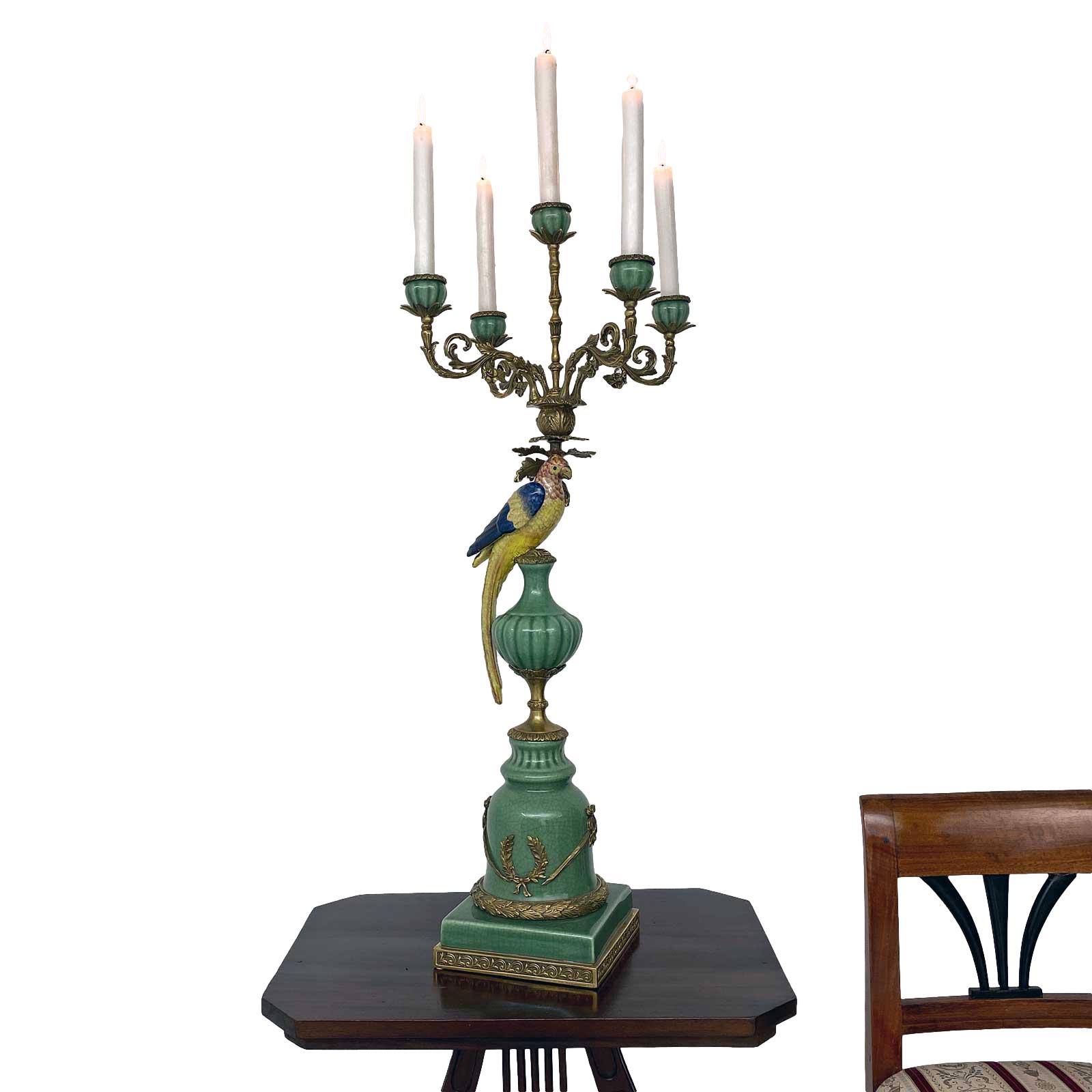 CC-52-10 Paar Kerzenständer Porzellan Messing Vogel Papagei Skulptur Antik-Stil 84cm
