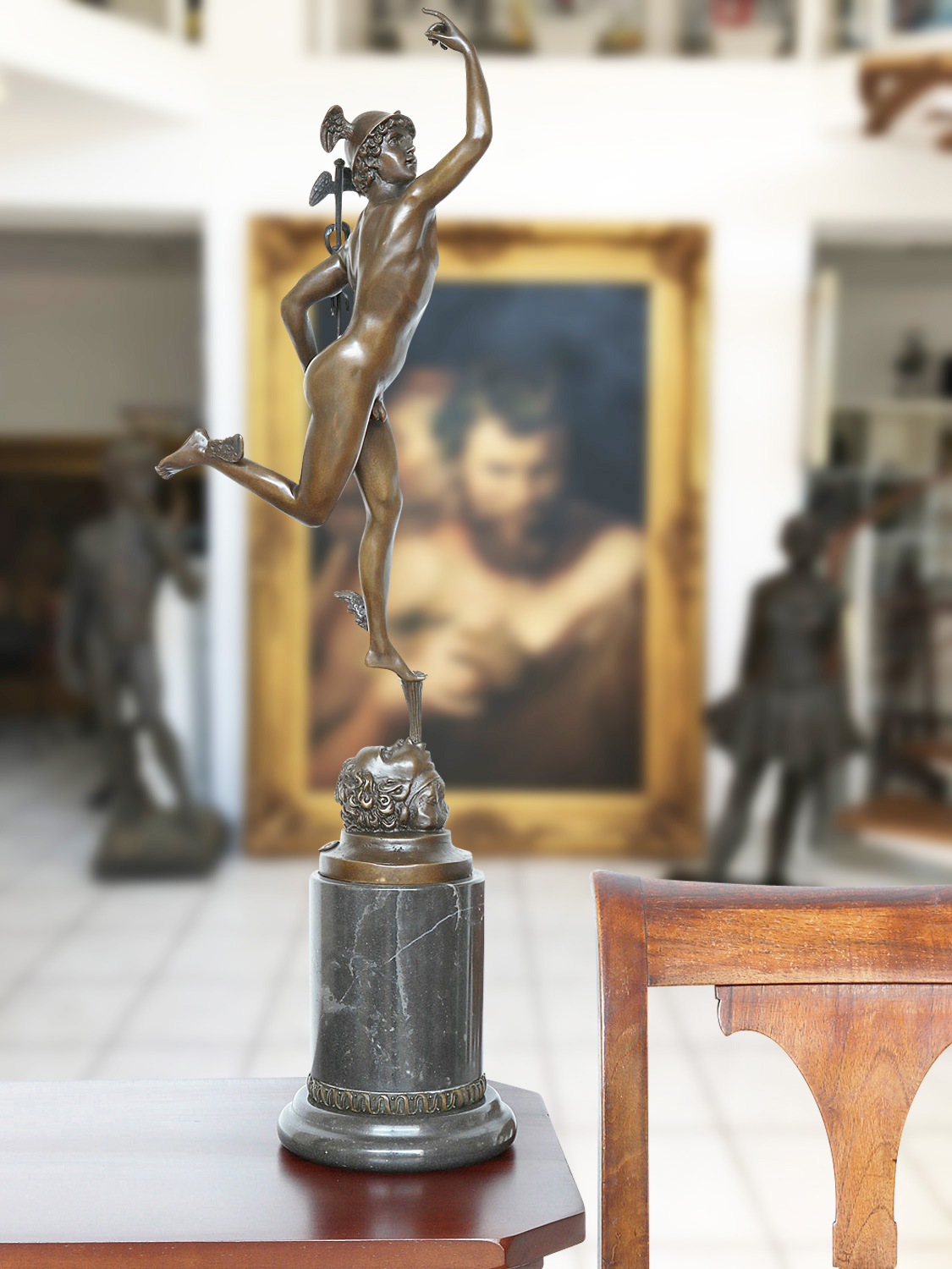 BR-108_Hintergrund Bronzeskulptur Skulptur Hermes Merkur nach Giambologna Figur Antik-Stil Replik