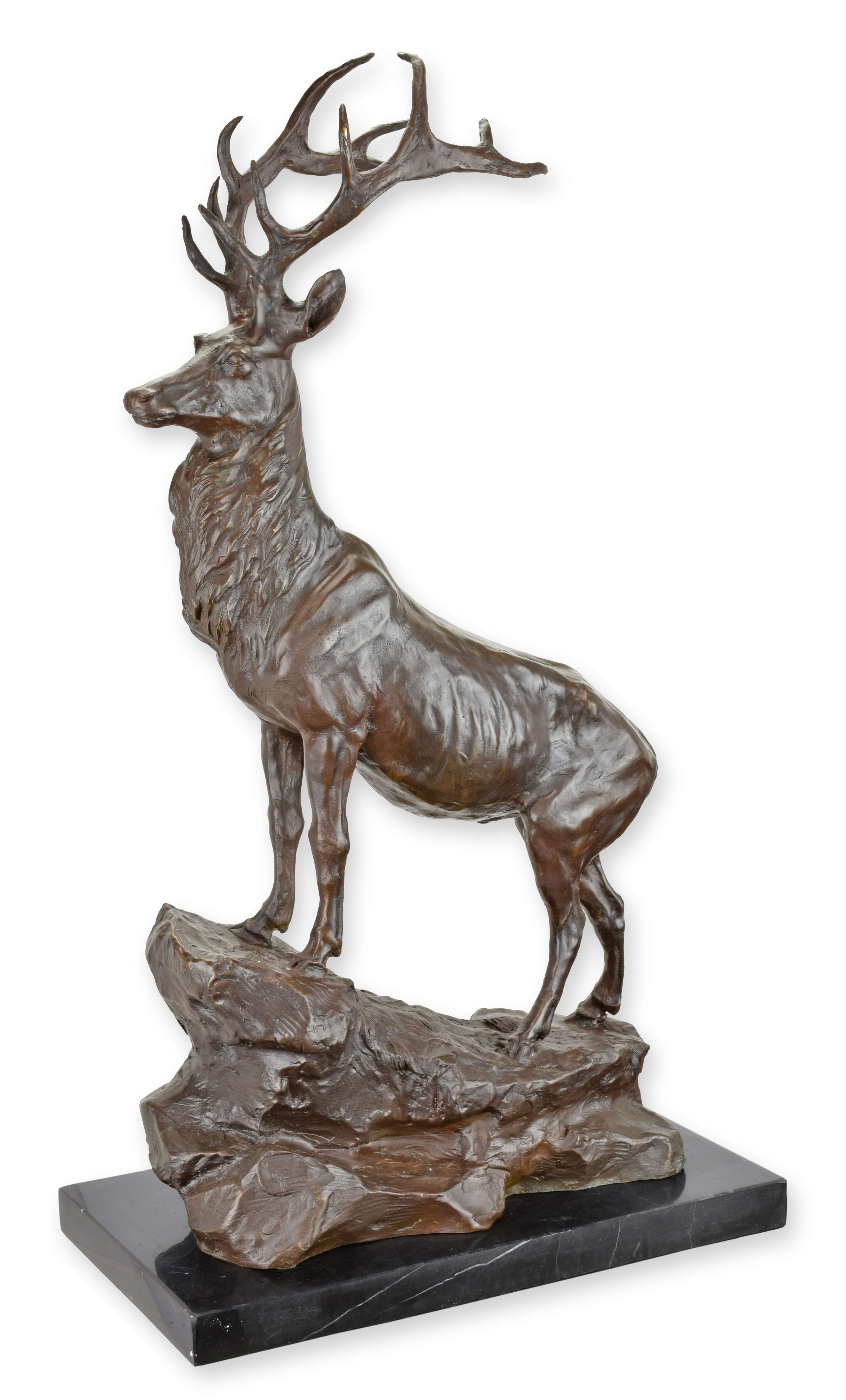 A bronze sculpture of a stag on rock replica retro design decoration