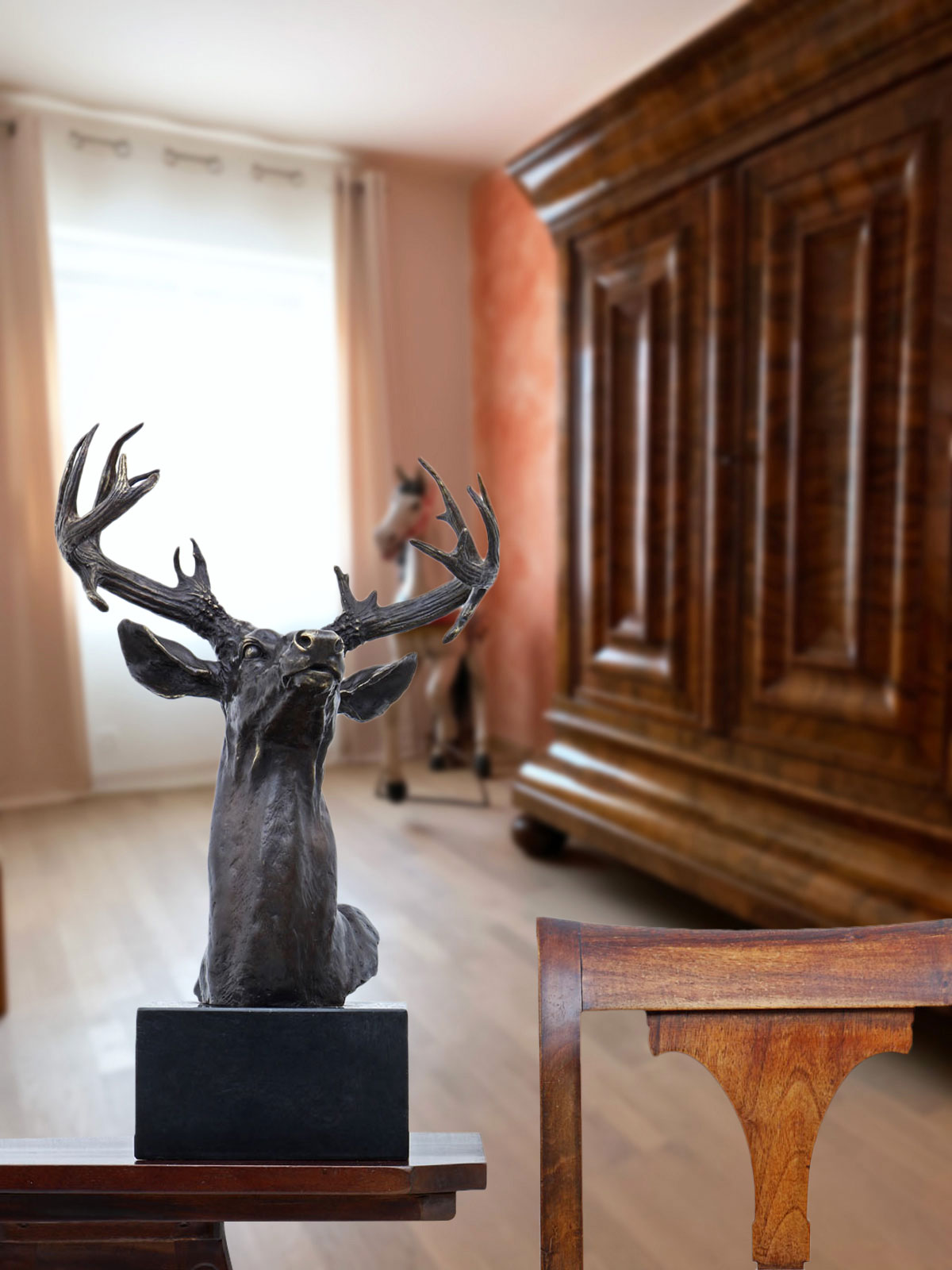 YY-4_7 Bronzeskulptur Hirsch Kopf im Antik-Stil Bronze Figur Statue 50cm