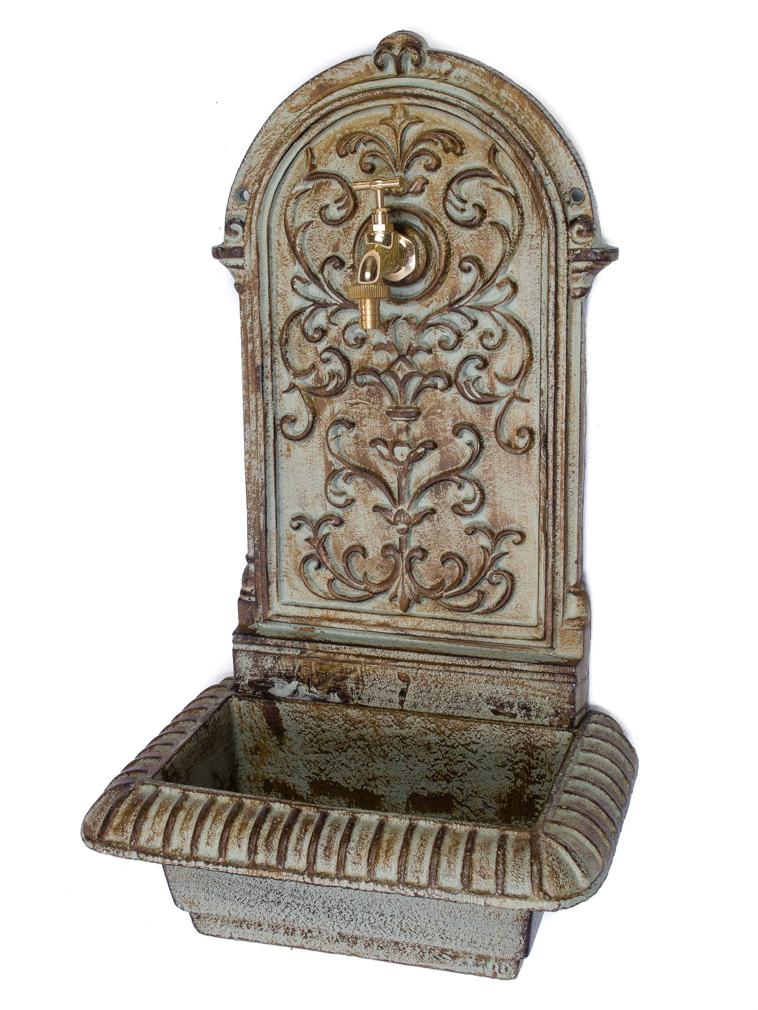 Wall fountain with basin - garden ornament - antique style - iron - green