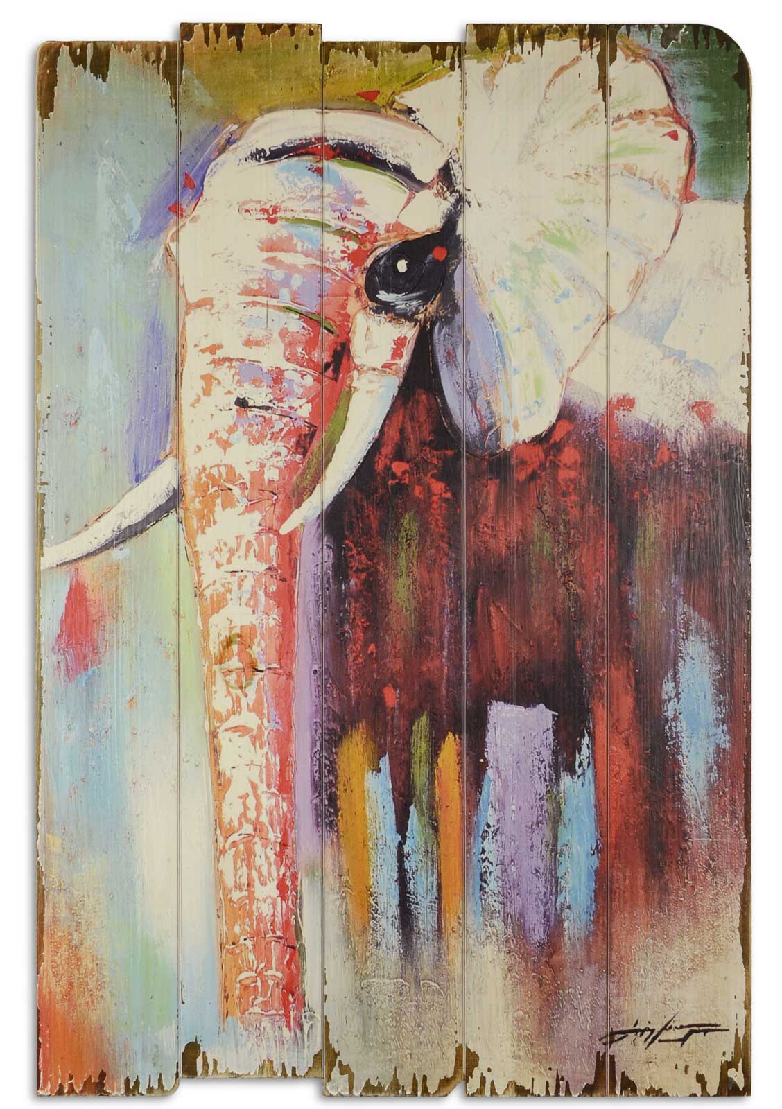 SK-064 Bild Wandtafel Holzbild Wandbild Elefant Tier Stoßzahn Rüssel Holz Antik-Stil
