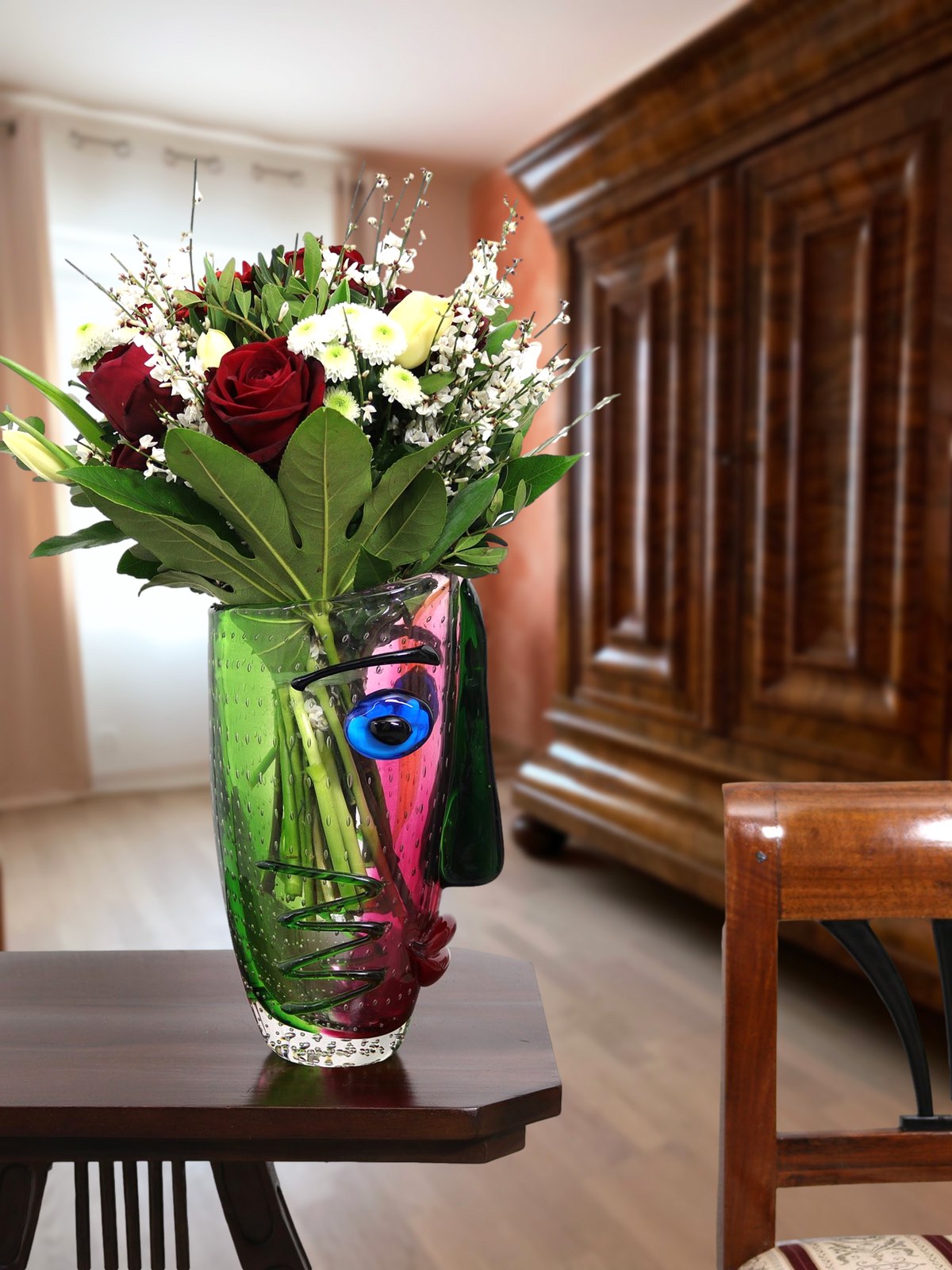 Glasvase Tischvase Vase Gesicht Glas im Murano Antik Stil 30cm