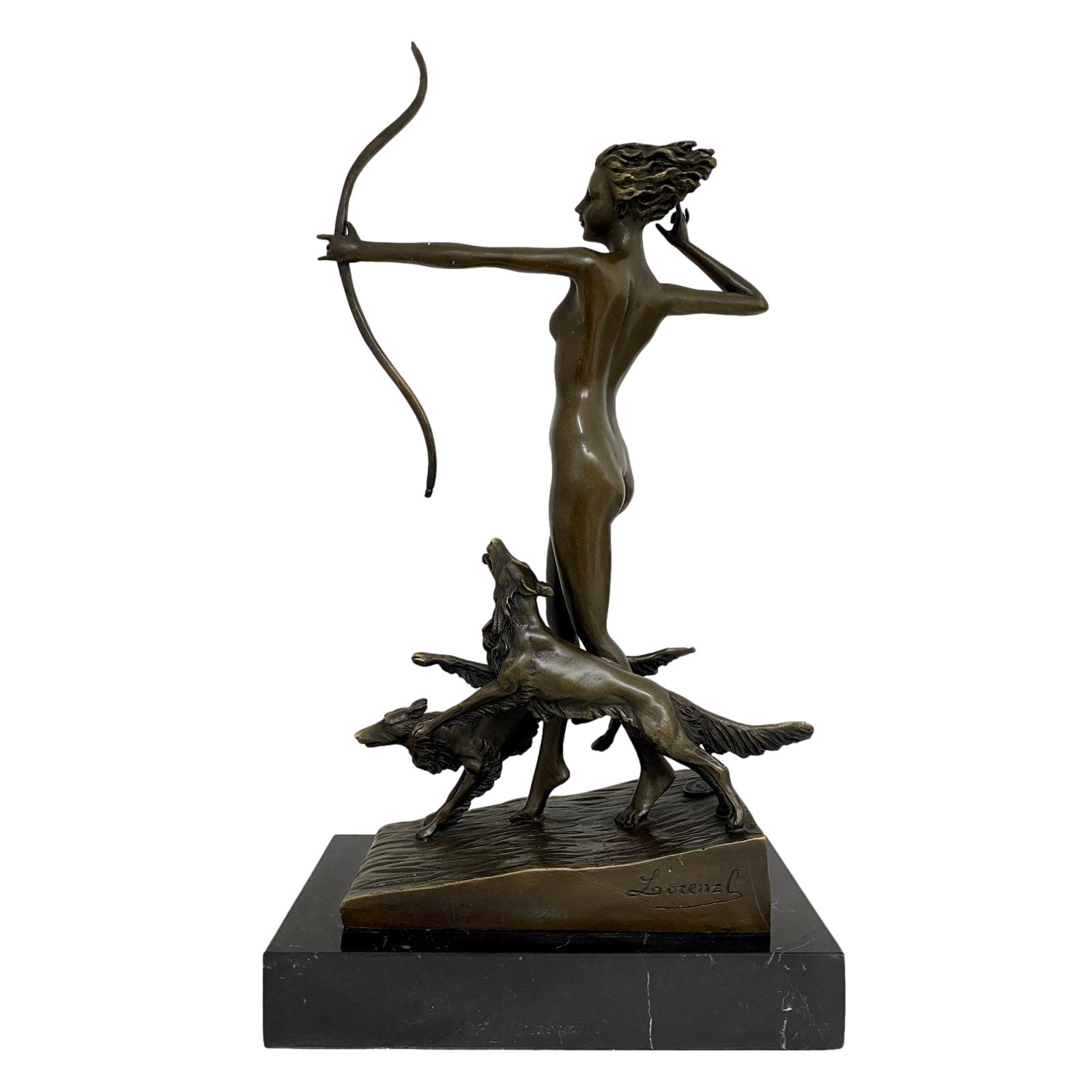 XT-92-5 Bronzeskulptur Figur Göttin Diana Hund nach Lorenzl Antik-Stil Replik Kopie (a)