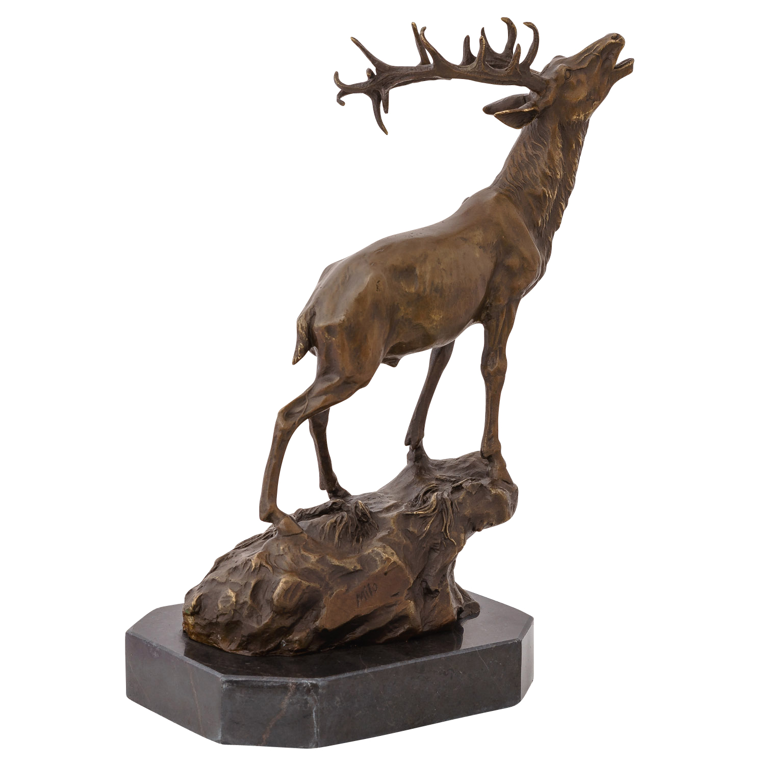 Bronzeskulptur röhrender Hirsch Felsen im Antik-Stil Bronze Figur Statue