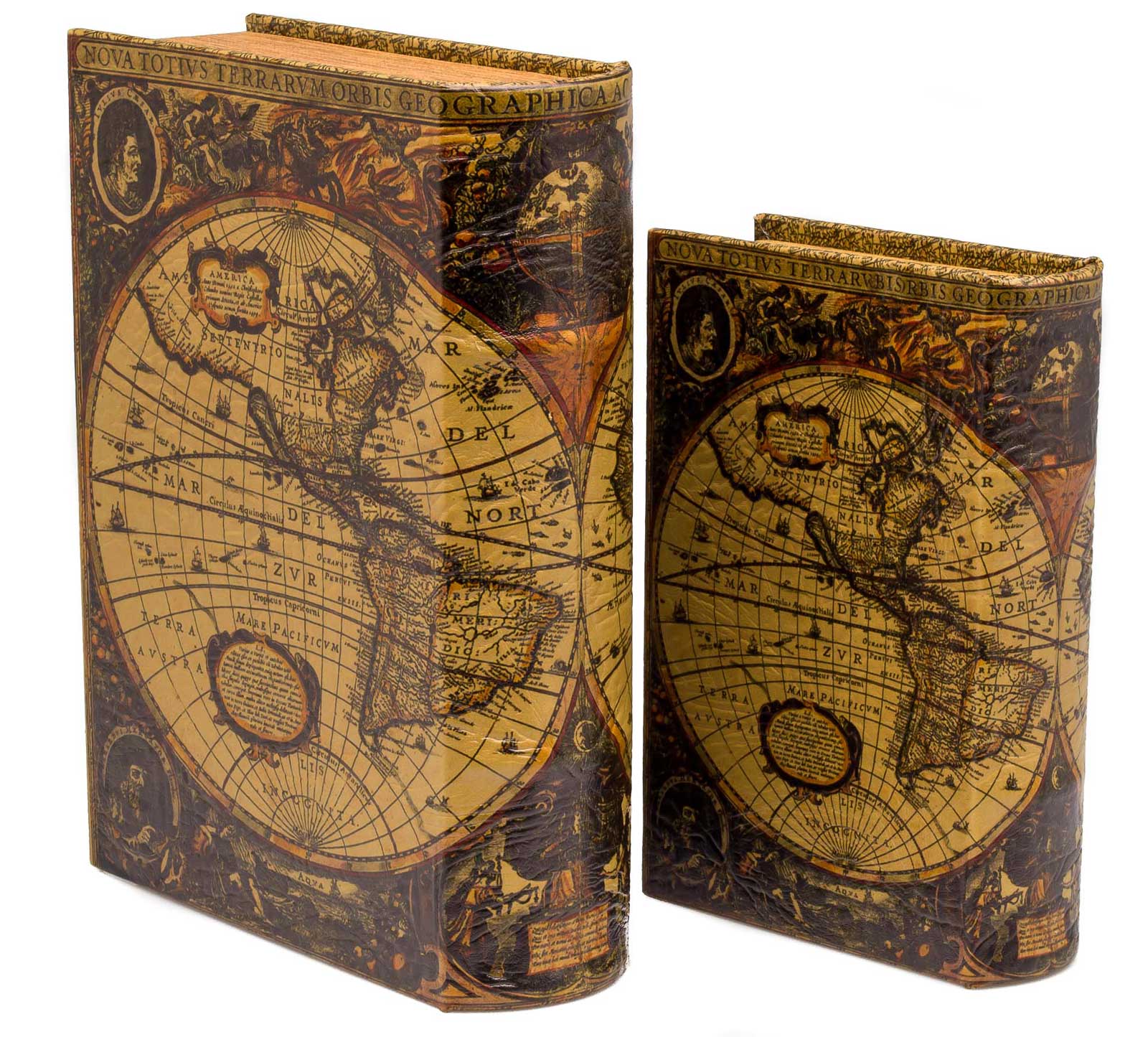 Set of two secret compartments in ornamental book - ancient world map design