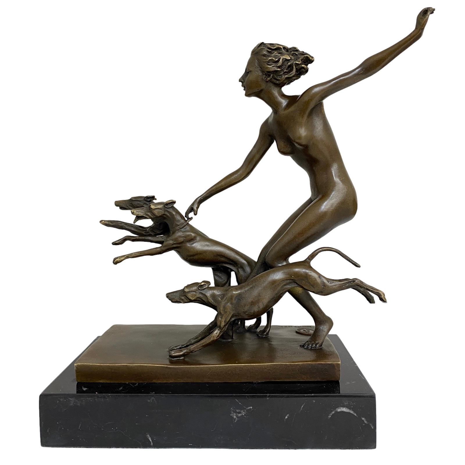 Bronzeskulptur Figur Göttin Diana Hund nach Lorenzl Antik-Stil Replik Kopie (d)