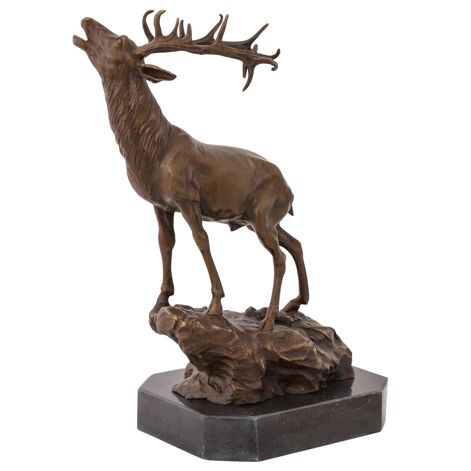 Bronzeskulptur röhrender Hirsch Felsen im Antik-Stil Bronze Figur Statue